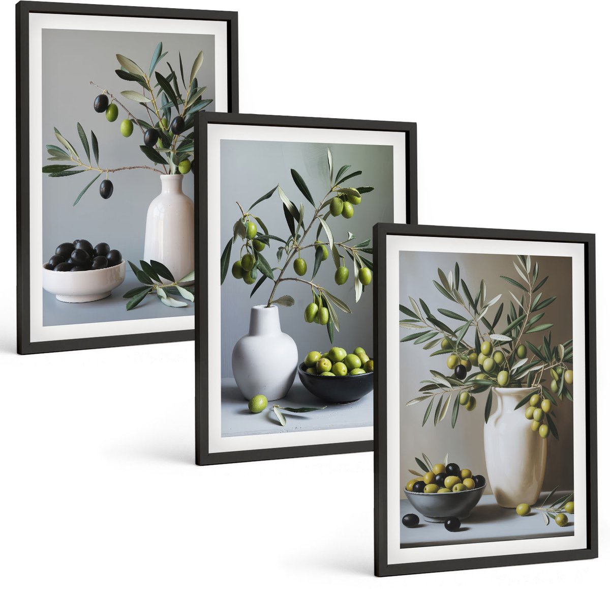 Coloray 3-Delige Schilderij Set - Olijven In Vazen ​​Tegen Een Achtergrond Van Gedempte Kleuren. - 40 x 60 cm - Wanddecoratie - Schilderijen Set - Interieur - Muurdecoratie