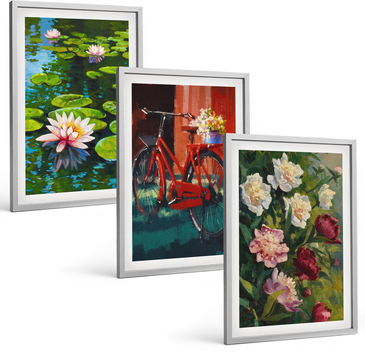 Coloray 3-Delige Schilderij Set - Lelies Op De Waterfiets In De Tuin, Kleurrijke Bloemen - 40 x 60 cm - Wanddecoratie - Muurdecoratie - Woonkamer - Moderne Wanddecoratie