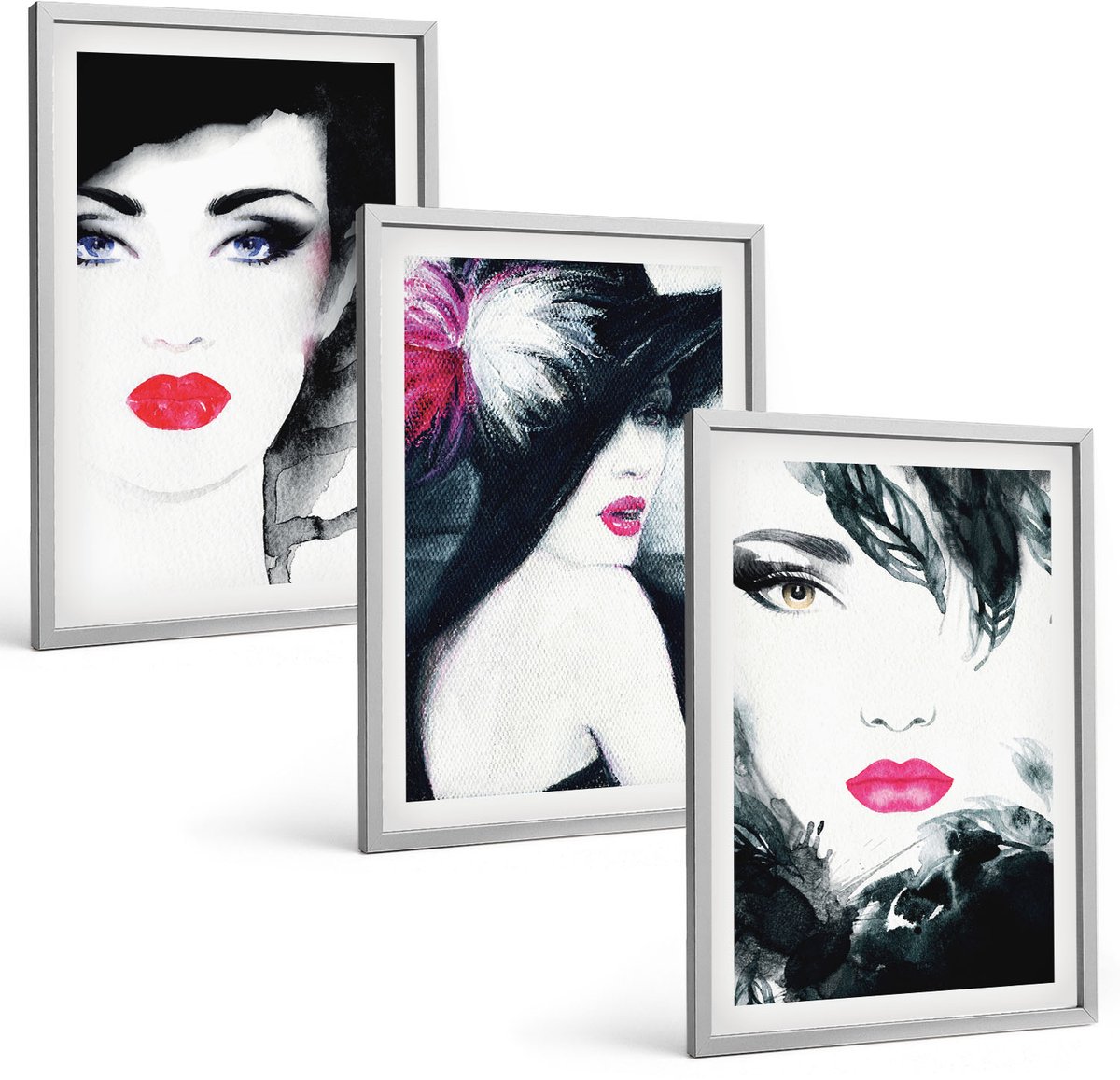Coloray 3-Delige Schilderij Set - Geschilderde Portretten Van Vrouwen Met Expressieve Lippen - 40 x 60 cm - Moderne Wanddecoratie - Woonkamer