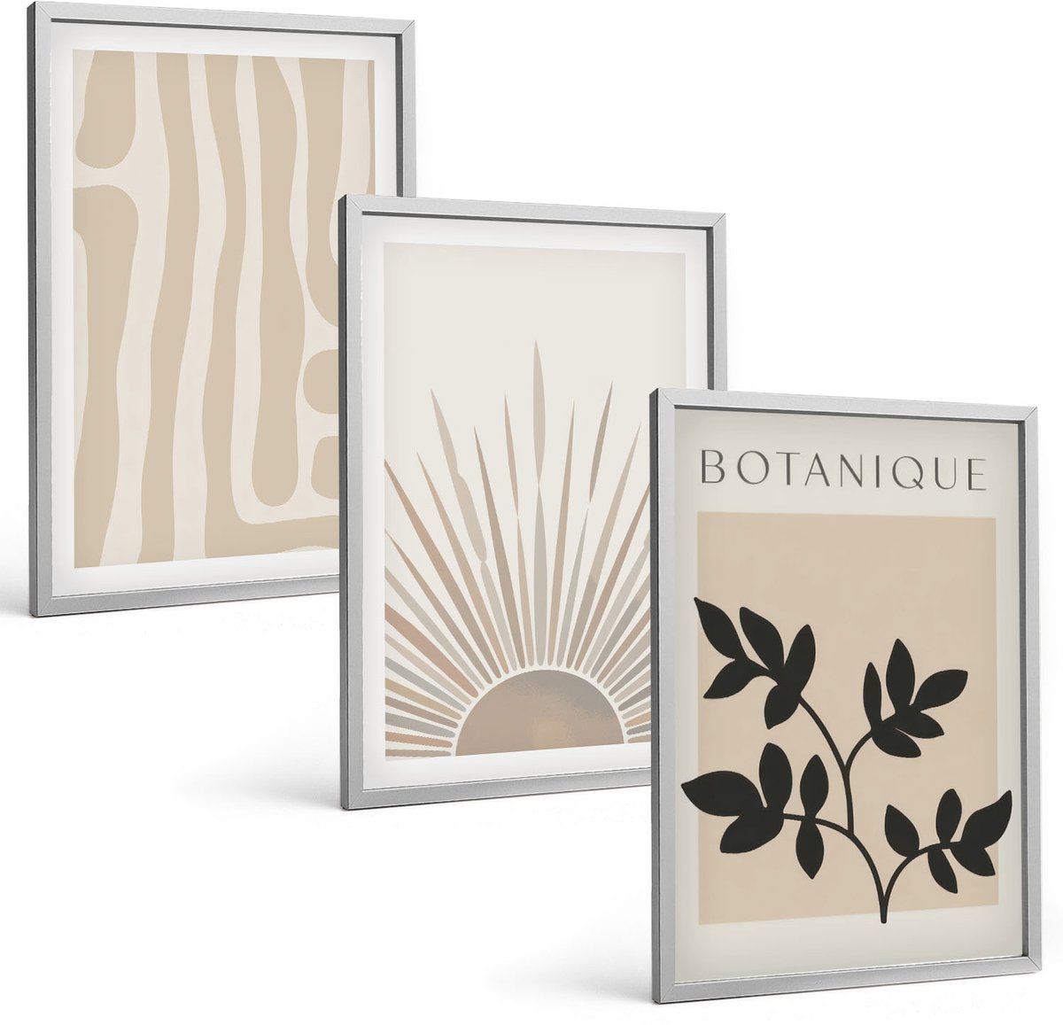Coloray 3-Delige Schilderij Set - Abstracte Patronen Met Plantenaccenten In Neutrale Tinten. - 40 x 60 cm - Muurdecoratie - Interieur Decoratie - Wanddecoratie