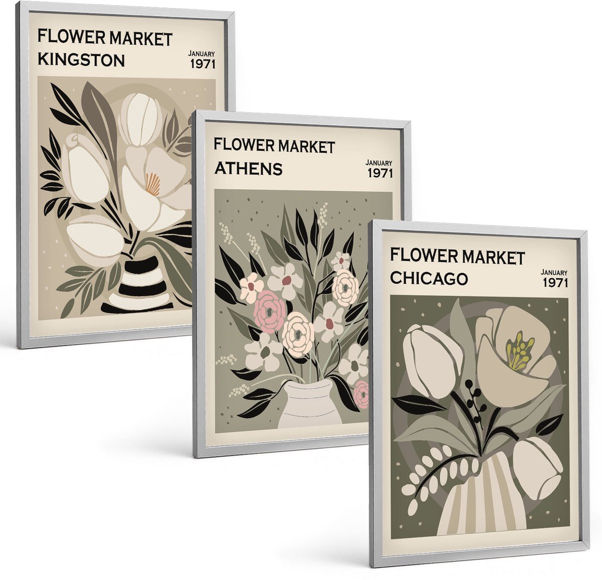 Coloray 3-Delige Schilderij Set - Bloemstukken Uit Verschillende Steden In Retrostijl - 40 x 60 cm - Decoratieve Schilderijen - Wanddecoratie - Hal - Muurdecoratie