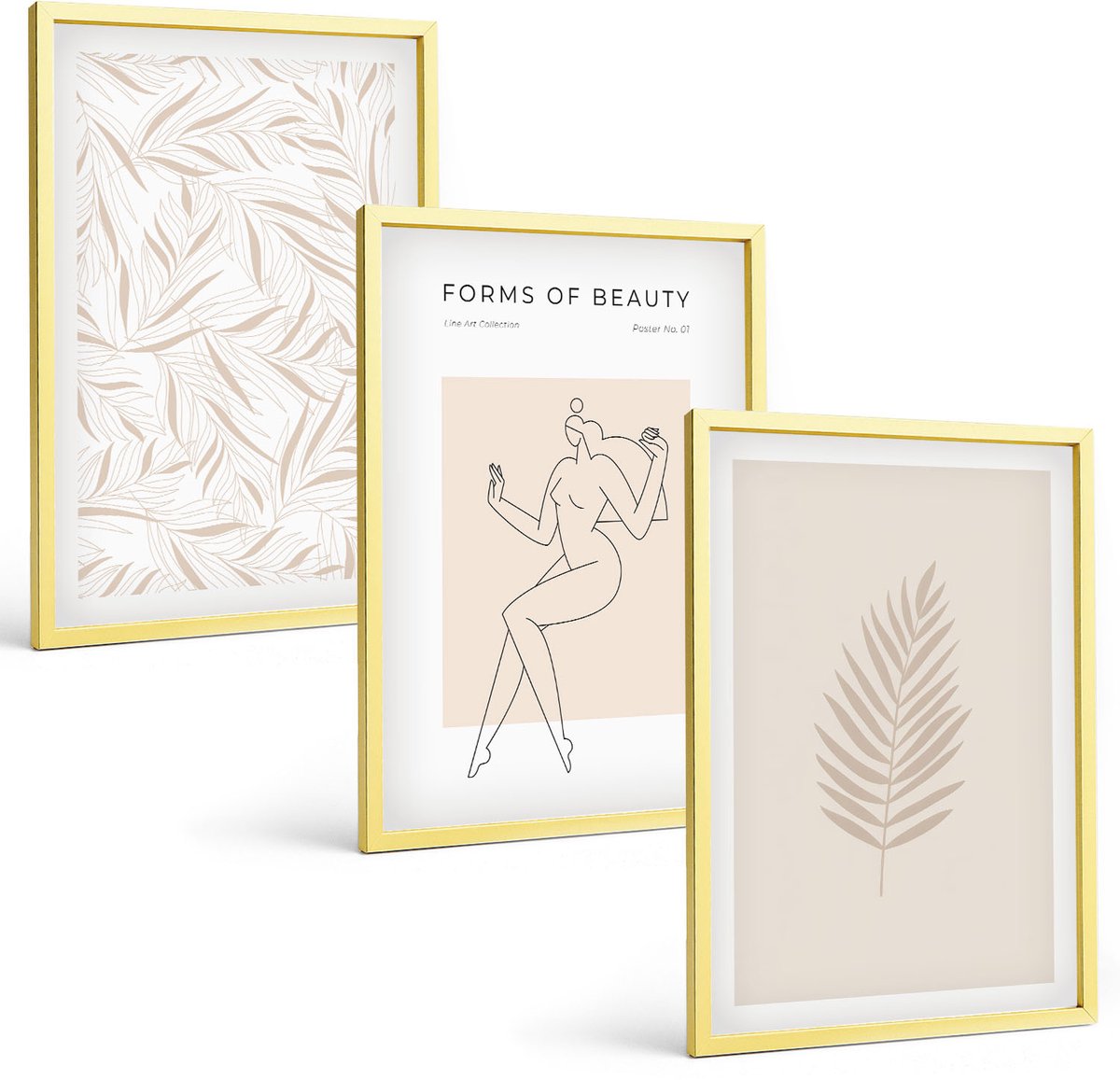 Coloray 3-Delige Schilderij Set - Minimalistische Stijl Met Botanische Motieven - 40 x 40 cm En 40 x 60 cm - Muurdecoratie - Wanddecoratie - Slaapkamer - Interieur Decoratie