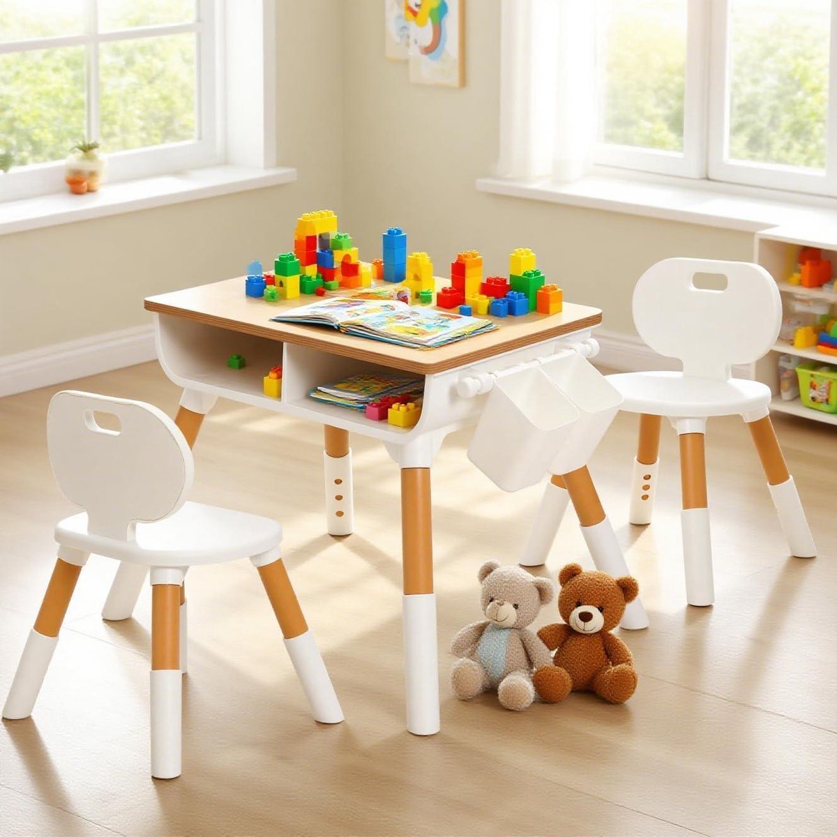 Kindertafel met stoelen - Zitgroep kinderen - Creatief spelen - In hoogte verstelbaar - 55 x 55 cm - Natuurlijk hout