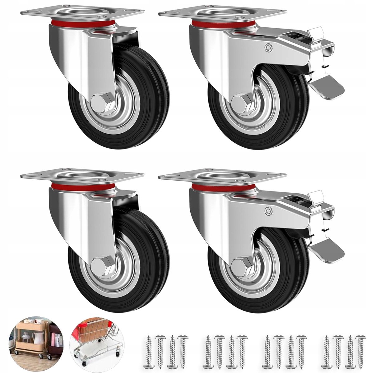 4x Zwenkwielen met Rem 75mm - 200kg Draagvermogen - Rubber