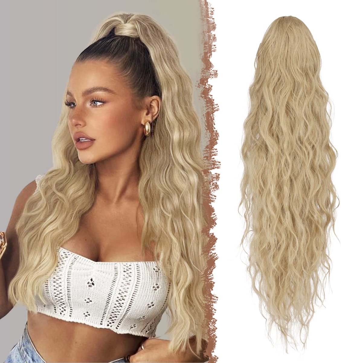 FESHFEN Paardenstaart Extensions met Koord Lang As Blond Krullend Golvend Haarextensies Paardenstaartverlenging - ShopVlot