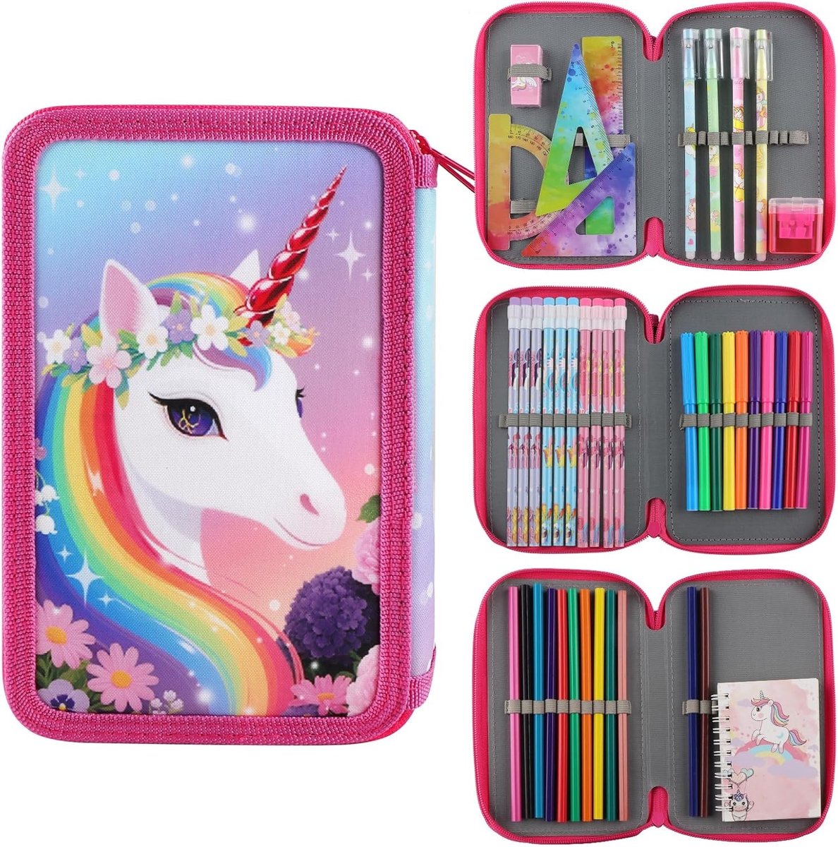 Grote Pennenzak met 3 Compartimenten voor Meisjes - Unicorn Design, Inclusief Liniaal en Kleurpotloden, Perfect Cadeau voor Schoolkinderen