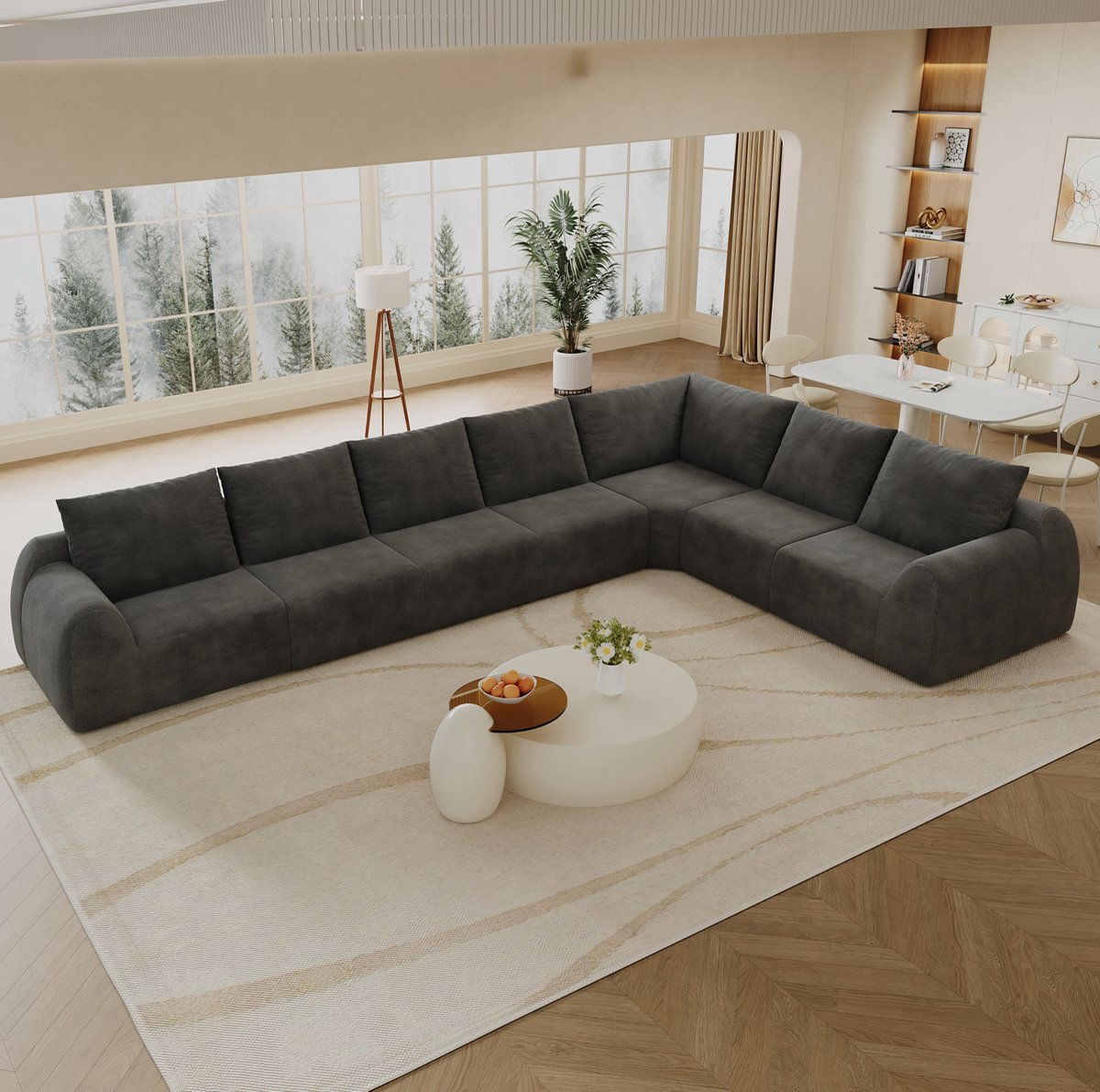 REDOM - Hoekbank - L-vormige - 7-zits - Chenille bekleding - Hoge veerkracht schuimvulling - Zonder montage - Donkergrijs - 401 x 267 x 85 cm