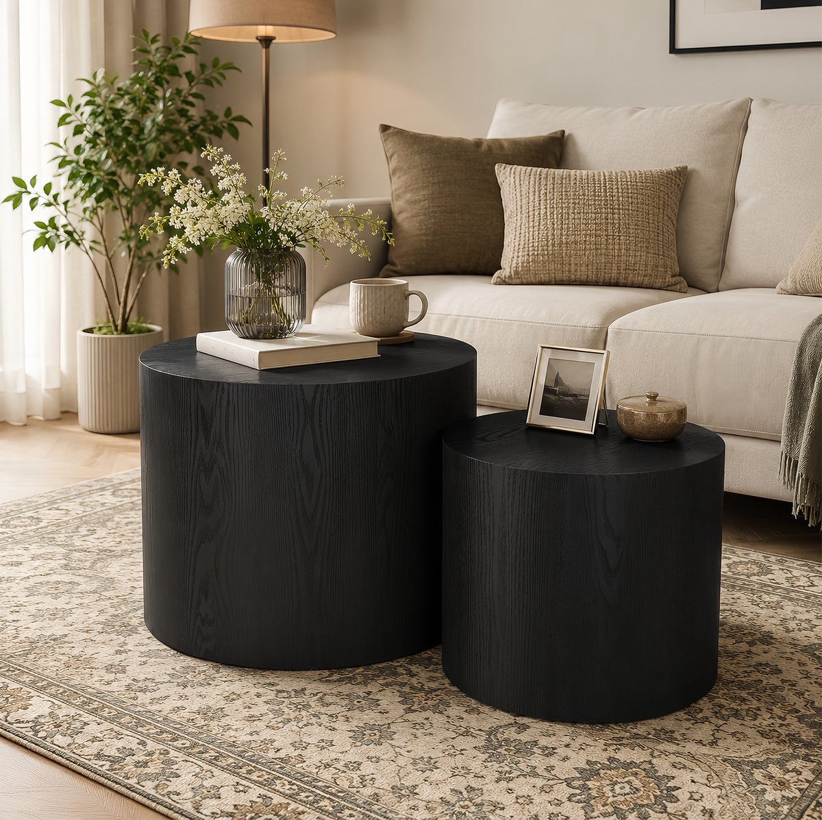 REDOM Set van 2 bijzettafels - Rond nestbaar ontwerp - Zonder montage - Modern - Woonkamer, slaapkamer, kantoor, balkon, terras - MDF - Zwart - Ø 48,5 x 38,5 cm