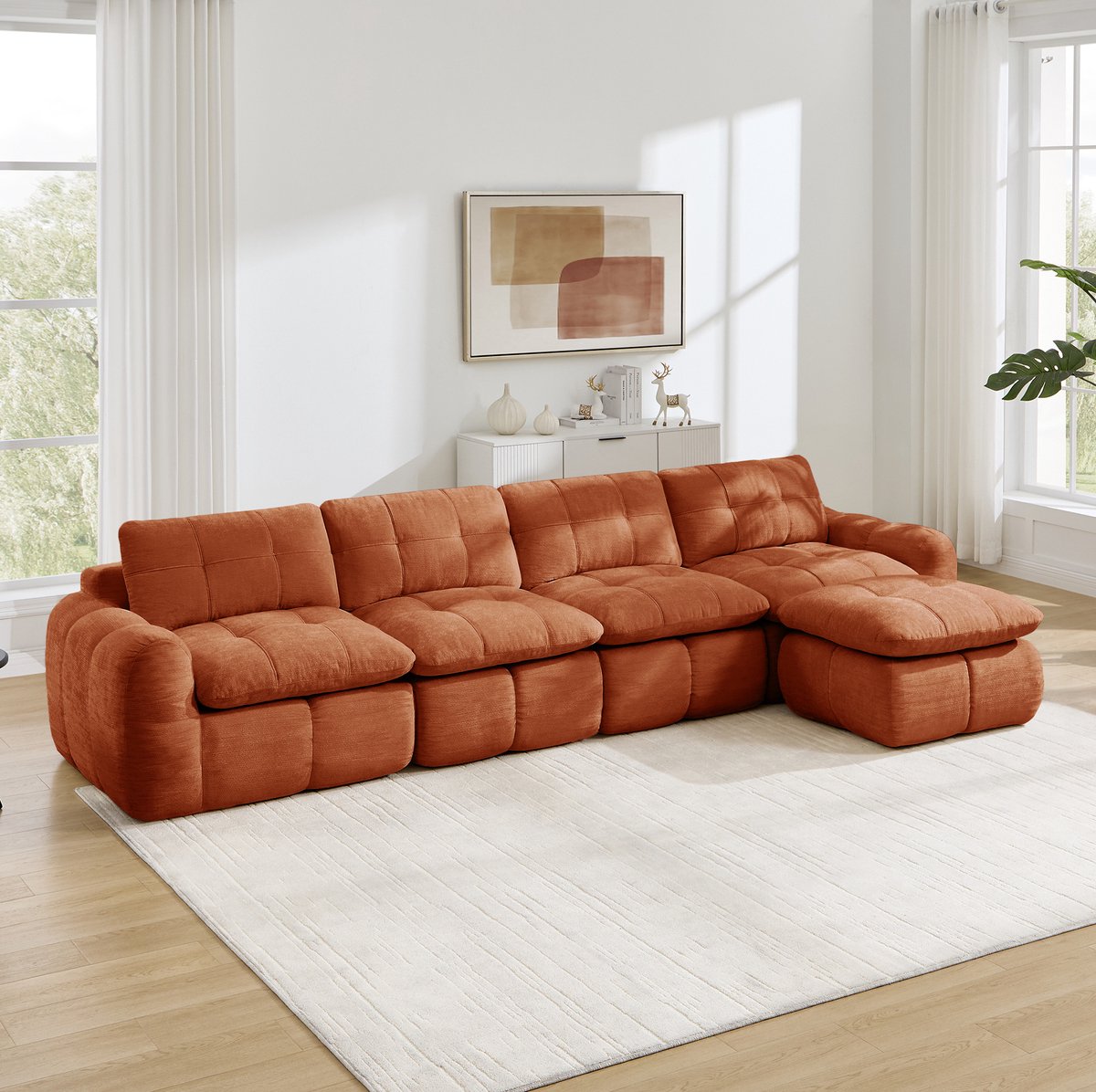 REDOM - Hoekbank - Gecapitonneerd patroon - Modulaire constructie - Ottoman - Moderne stijl - Woonkamer - Chenille - Oranje - 334 x 160 x 68 cm