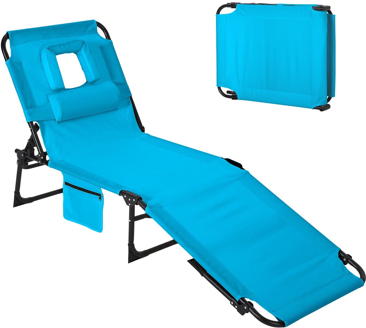 Opvouwbare Ligstoel - 190x59x81cm - Ligstoel Met Gezichtsopening - Verstelbare Rugleuning In 5 Posities - Strandstoel Voor Zonnen - Voor Strand Zwembad - Blauw