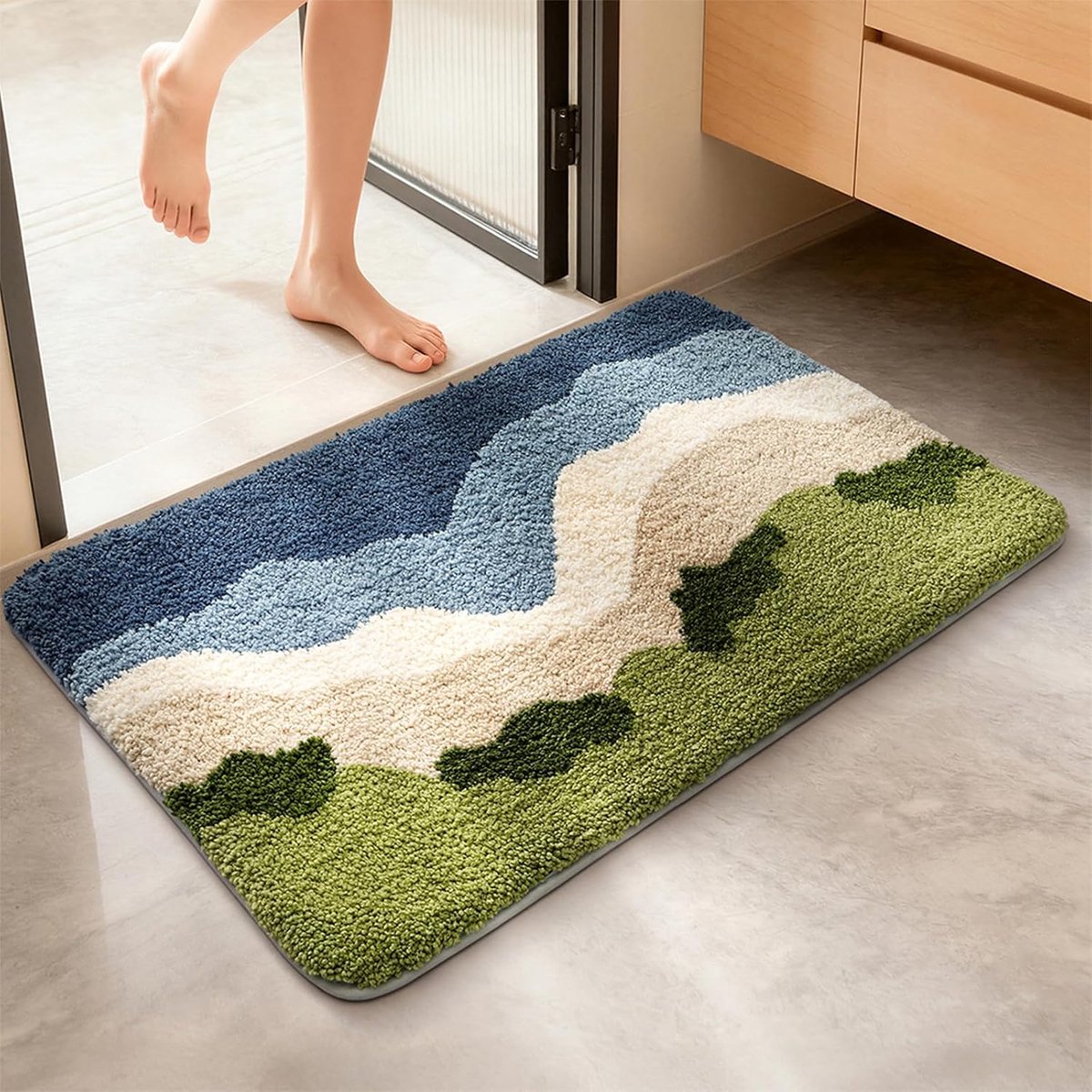 Strand‑ en badmat 50 × 80 cm, kustthema walvis‑zee design, zacht en absorberend, antislip onderlaag voor badkamer, keuken en entree