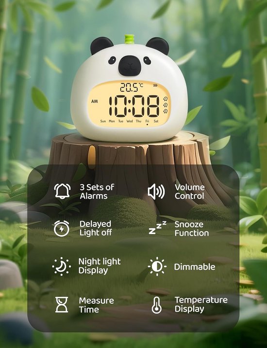 Kinderwekker Panda - Nachtlampje wekker - Kinderen Leren Slapen - Oplaadbaar met Sluimerfunctie - 315 inch - Wit — afbeelding 5