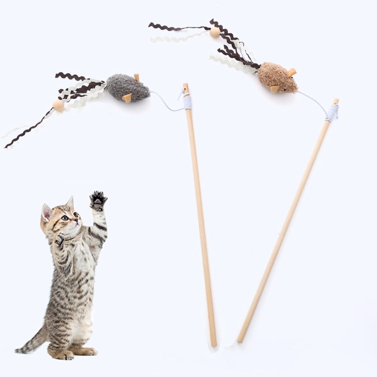 KZQ Set van 2 kattenspeelhengels – Speeltje in muisvorm – Elastisch koord – Interactief speelgoed voor binnenkatten en kittens – Grijs & bruin