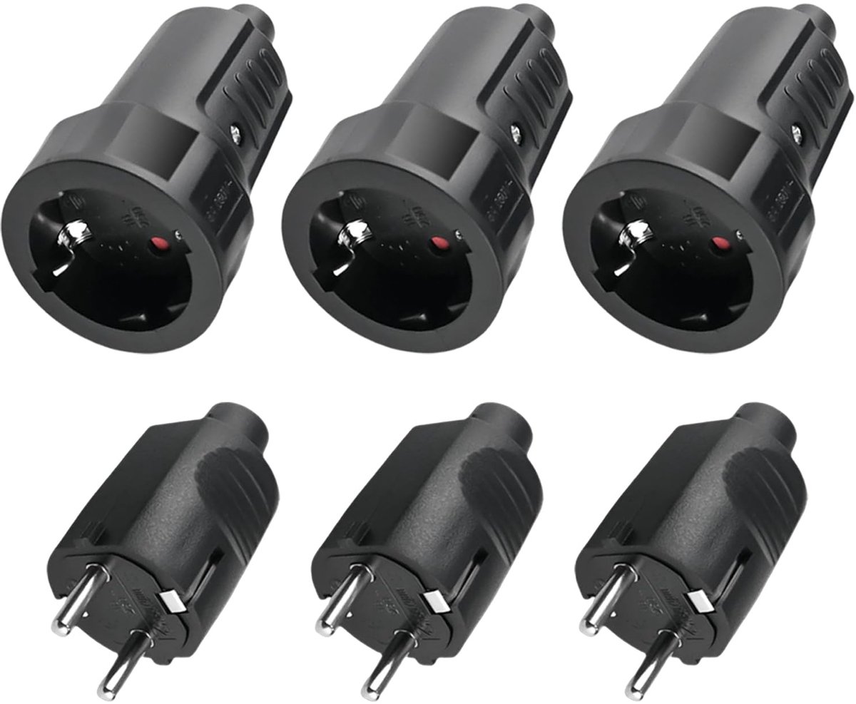 3x Schuko-stekkerkoppeling: Sporgo stekker 230V IP44 voor buiten, geaarde stekker met knikbescherming, 2-polige 16A & - ShopVlot