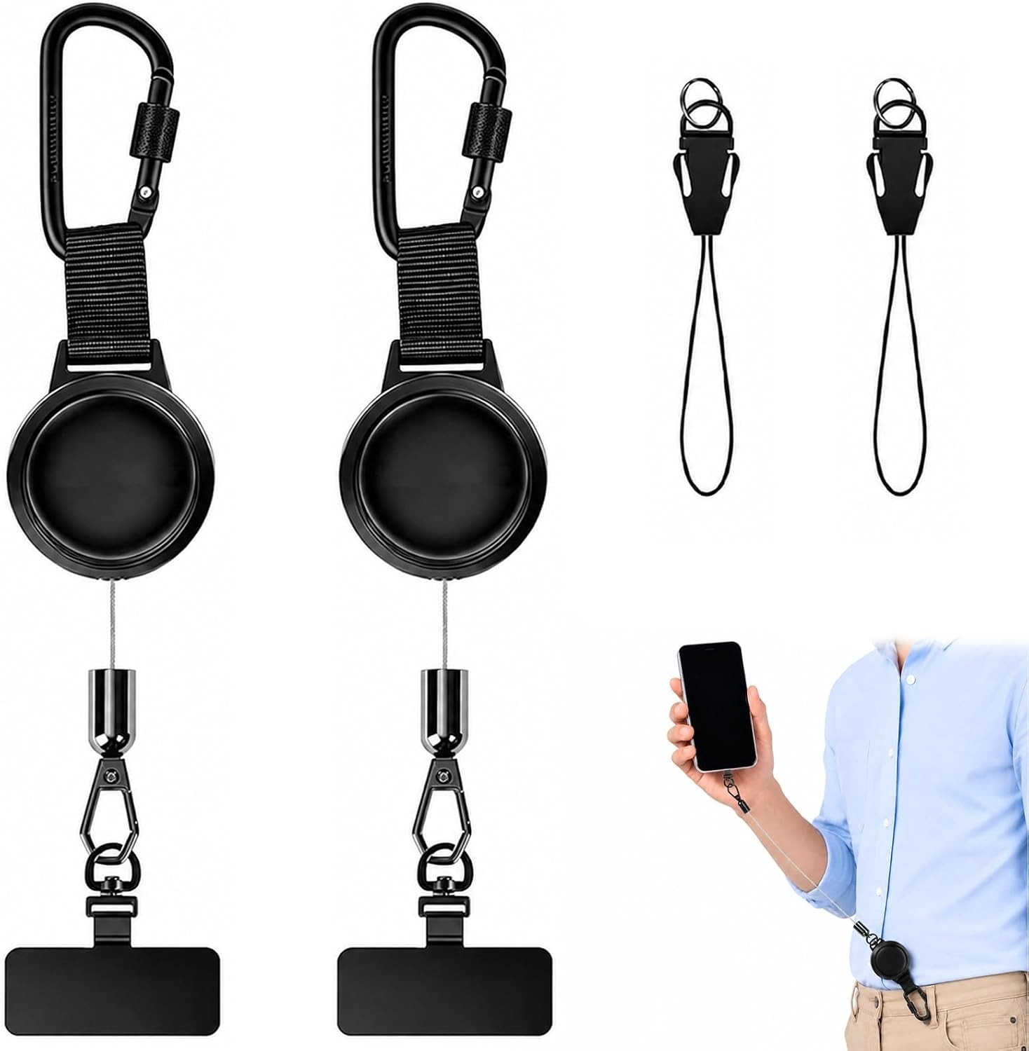 Set van 2 retractable anti-theft smartphone koorden met karabijnhaak en staal kabel, ideaal voor wandelen, skiën en reizen
