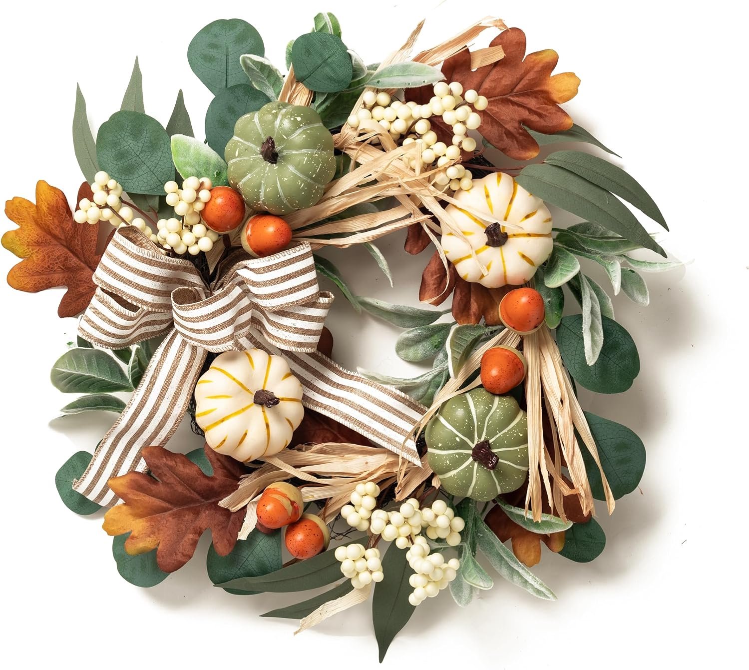 Valery Madelyn 18 Inch Fall Front Door Wreath Fall Wreath Decorations with White Green Pumpkin, Berry Clusters, Pine - ShopVlot