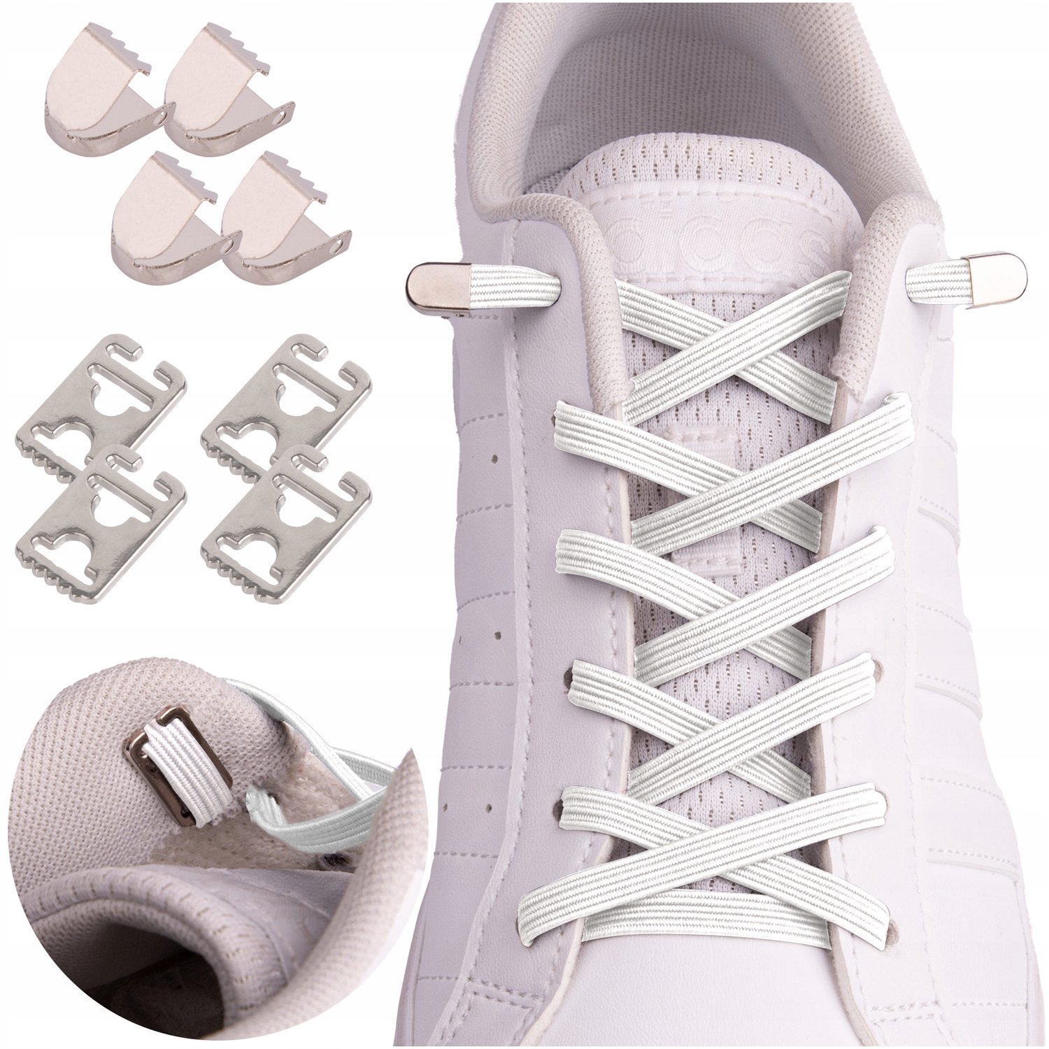 Witte Elastische Schoenveters met Metalen Clips of Gespen - 2 stuks