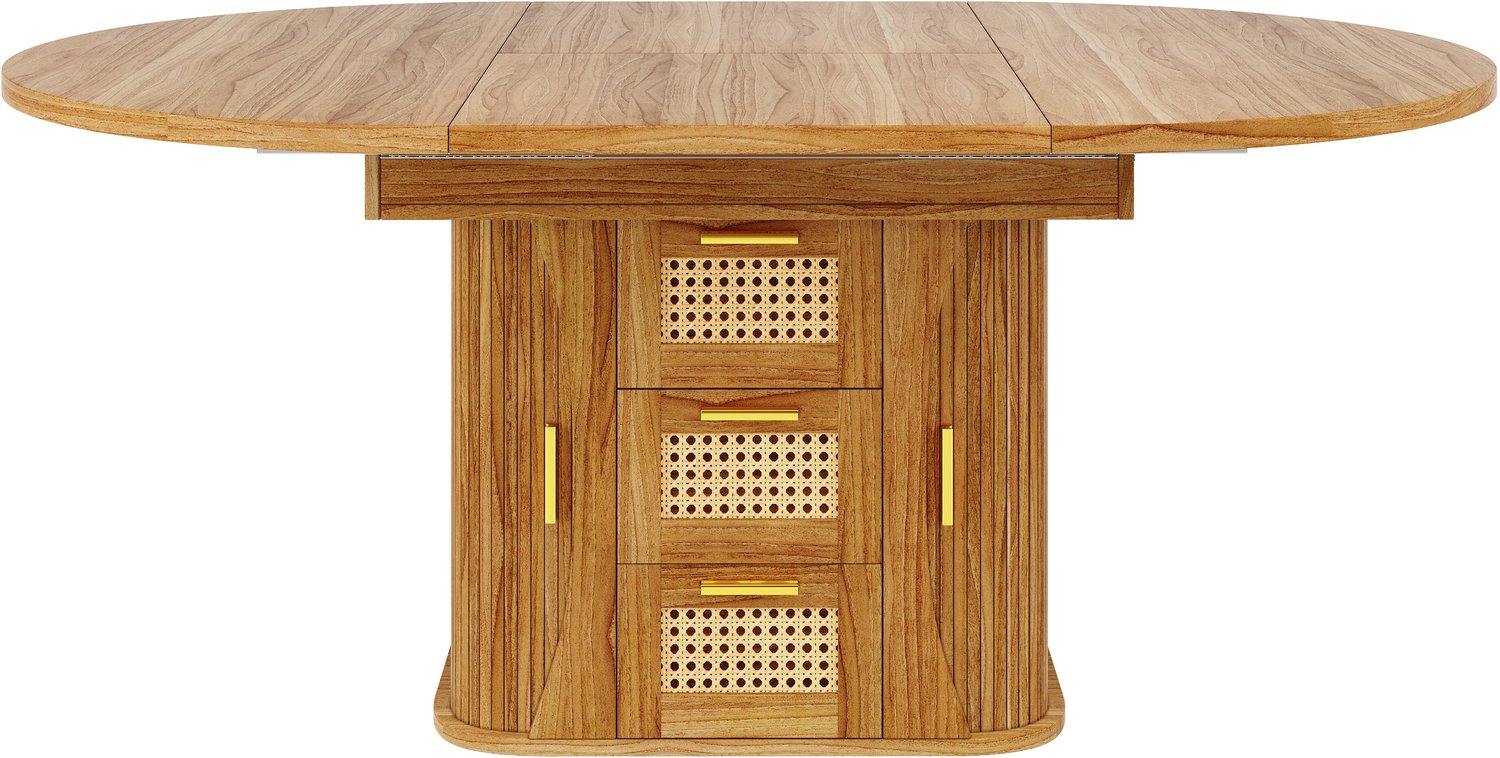 SONNENH Uitschuifbare ronde eettafel met laden in PE-rotanlook - 118 tot 158 cm - Eikenhoutlook
