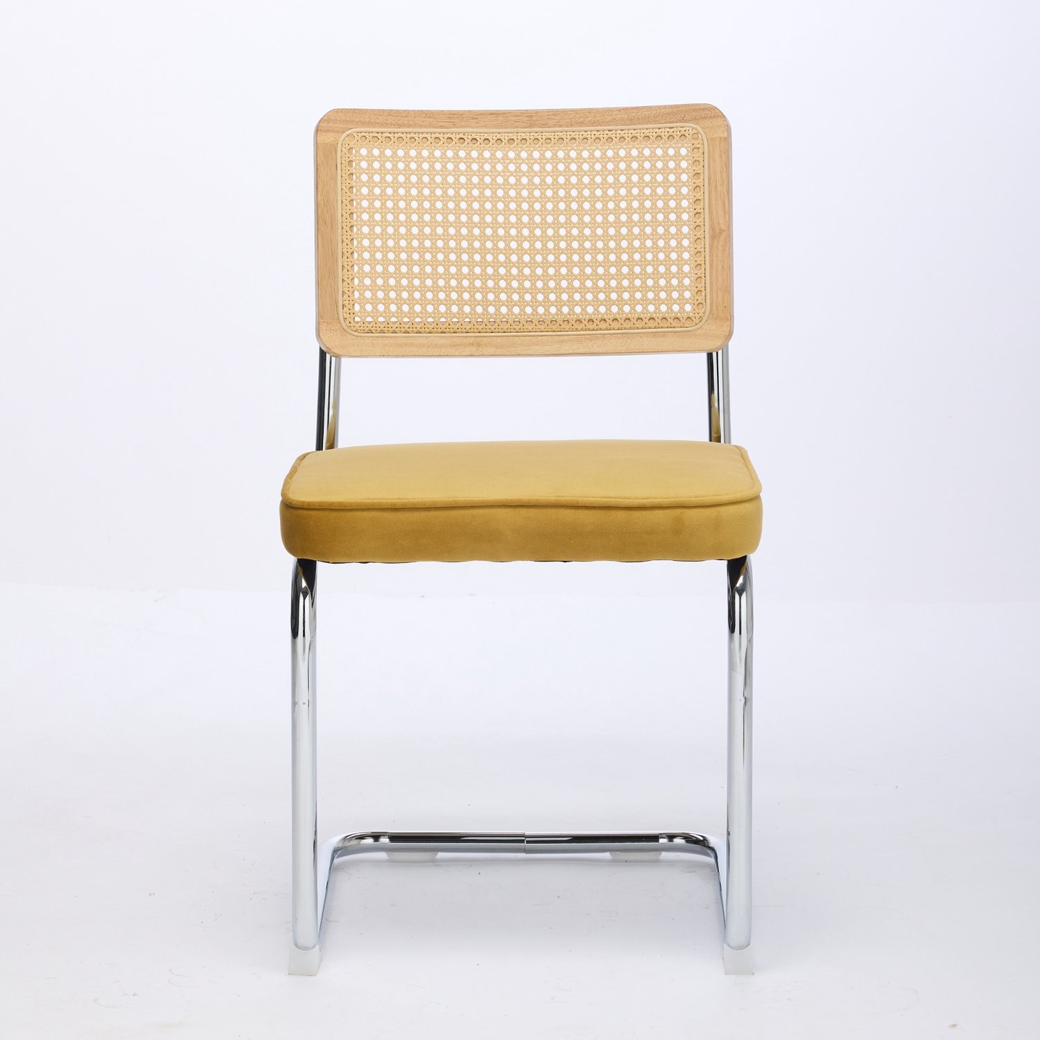 SONNENH Eetkamerstoelen set van 2 met okergeel velvet, gevlochten rotan rug en zilverkleurig sledeframe Okergeel en zilverkleurig met naturel rug
