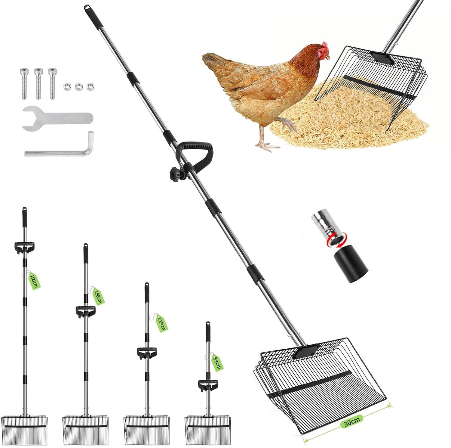 Ergonomische Pollen Schop 30 cm - 4-in-1 Reinigingsgereedschap voor Kippenhok, Poep Scheiding en Kattenbak, Verstelbare Metaalzeef met Handvat van 35-190 cm