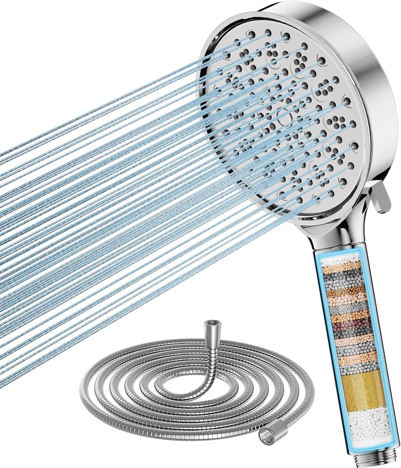 SnelShoppen - Cobbe Douchesproeier met 20-Laags Filter, 6 Stralen, 1.5m Slang, Waterbesparend, Hoge Druk, Chroom - Ideaal voor Thuis en Camping