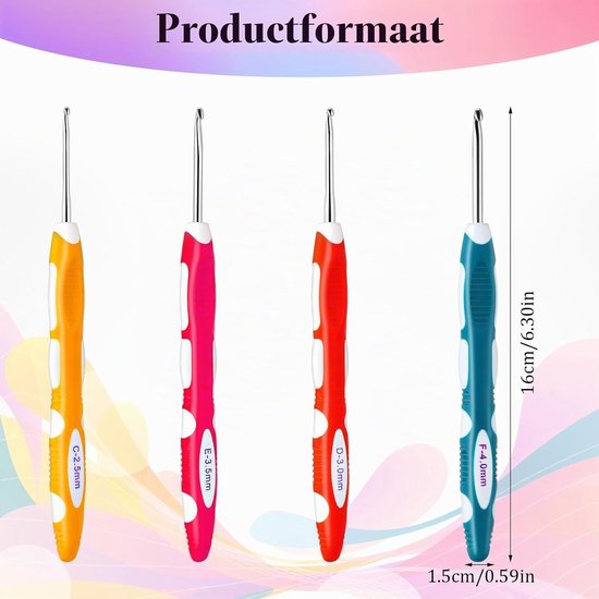 4-delige Ergonomische Haaknaald Set voor Haken - Kleurige Haaknaalden 2.5mm tot 4mm voor Breien van Handschoenen, Tassen, Mutsen, Sokken en Sjaals — afbeelding 5