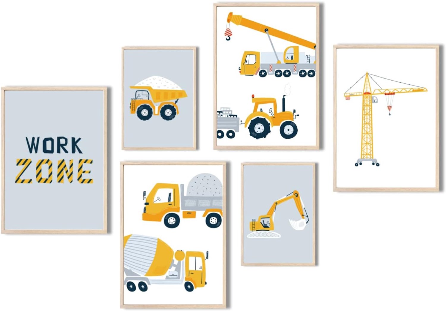 SnelShoppen - Set van 6 Kinderkamer Posters Constructievoertuigen DIN A4 & DIN A5 - Graafmachine, Kraan, Vrachtwagen - Decoratieve Afbeeldingen voor J