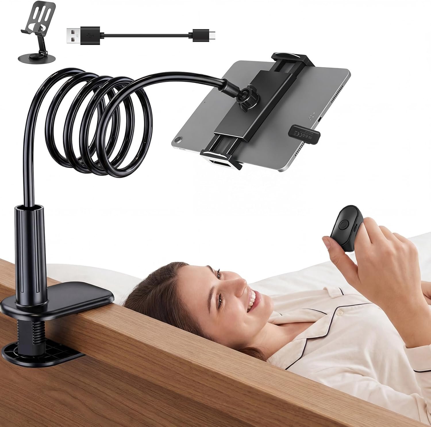 SnelShoppen - Gooseneck Tablet Houder met Afstandsbediening voor Kindle, E-Reader Stand met Bladzijde Omkeerfunctie, Verstelbare Tablet Houder voor Be