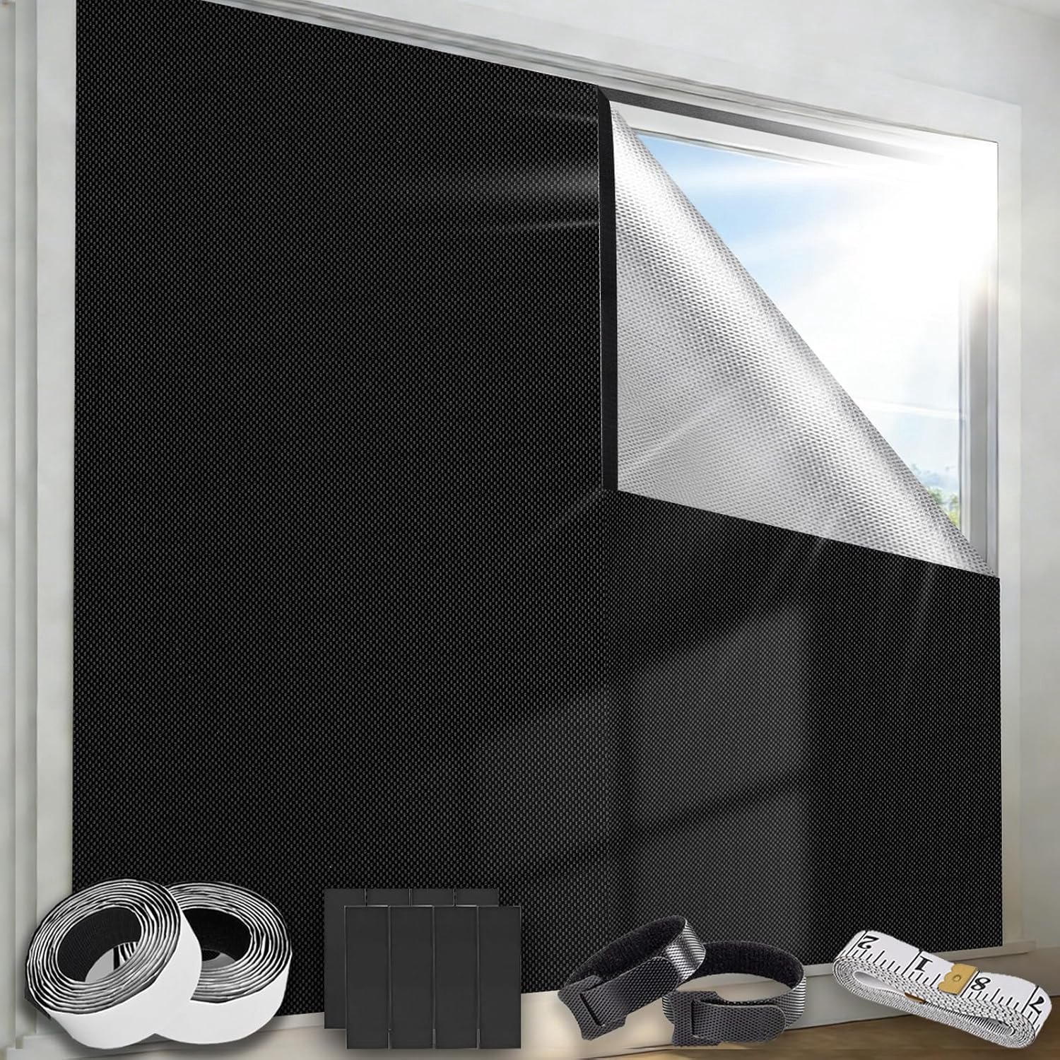 SnelShoppen - Verduisteringsrolgordijn zonder boren, Oxford-stof 420D, op maat te snijden, 200 x 145 cm, draagbaar, verduisterend en warmte-isolerend