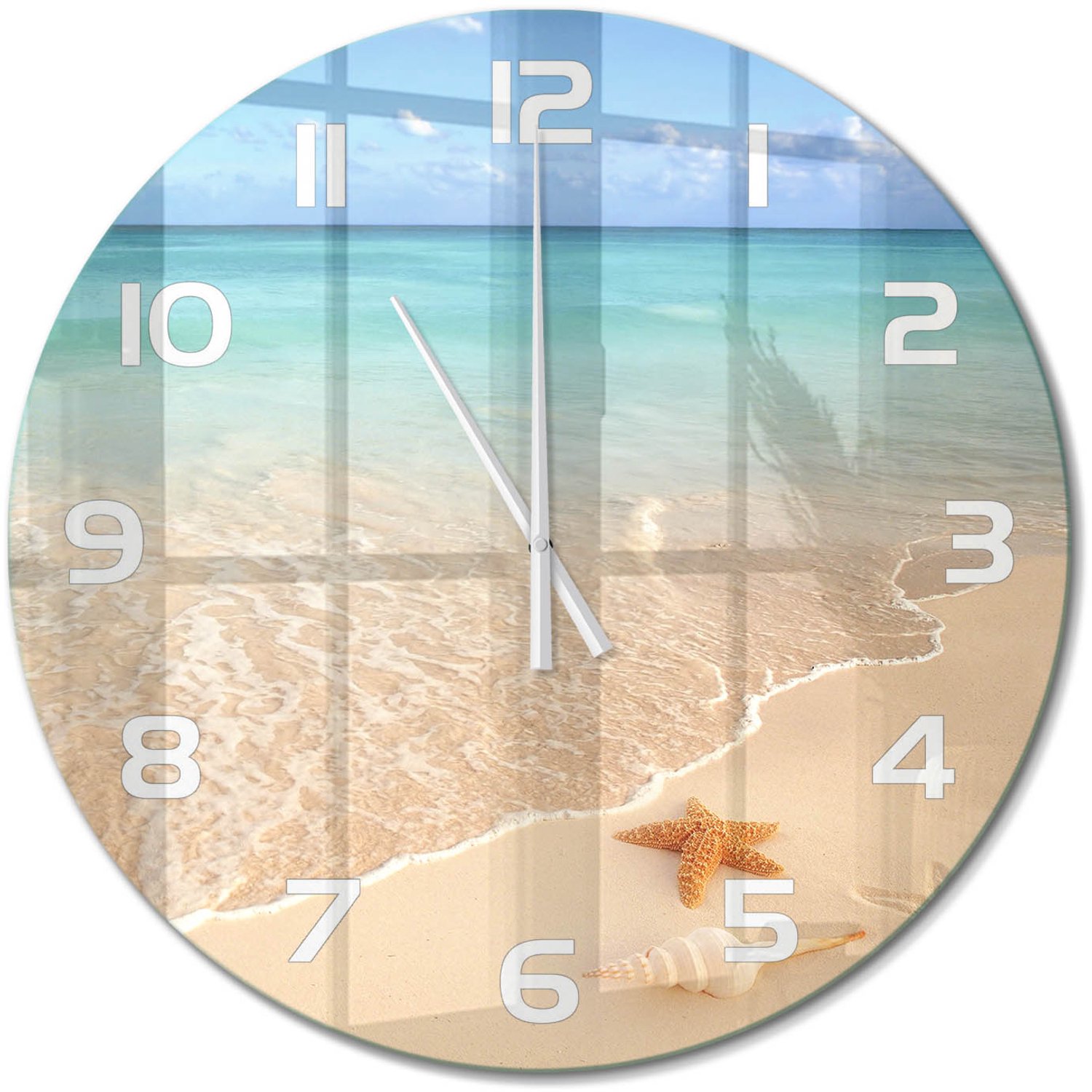 TULUP Wandklok - Zeesterren op het strand Wandklok Glas Met Motief - fi60 cm - Blauw Decoratieve Glazen Klok - Witte handen - Ronde Klok - Gekleurde Glazen Klok - Glazen Klok Met Print