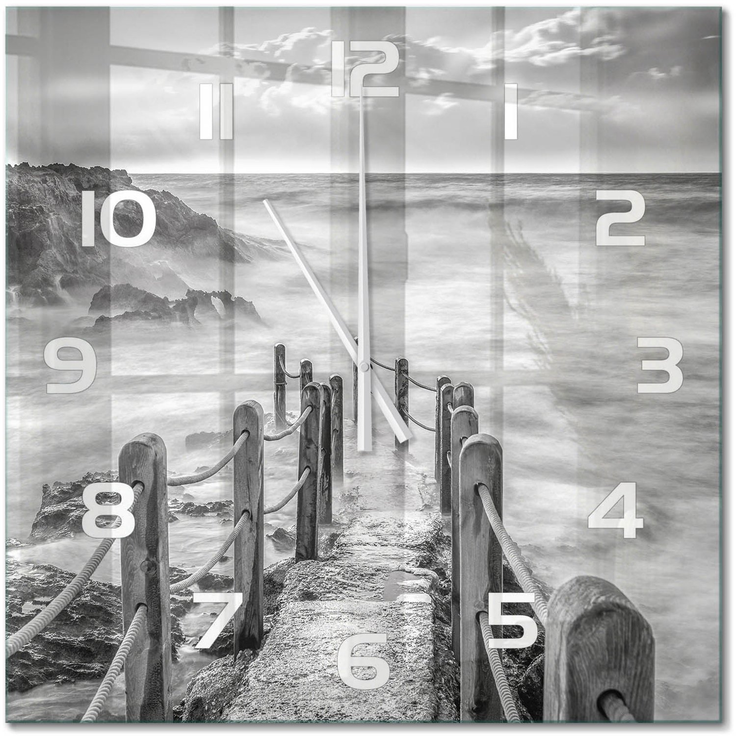 TULUP Wandklok - Pad langs de zee Decoratieve Glazen Klok - 60x60 cm - Zwart-wit Glazen Wandklok Design - Witte handen - Vierkante Klok - Glazen Klok Met Print - Wandklok Glas Met Motief