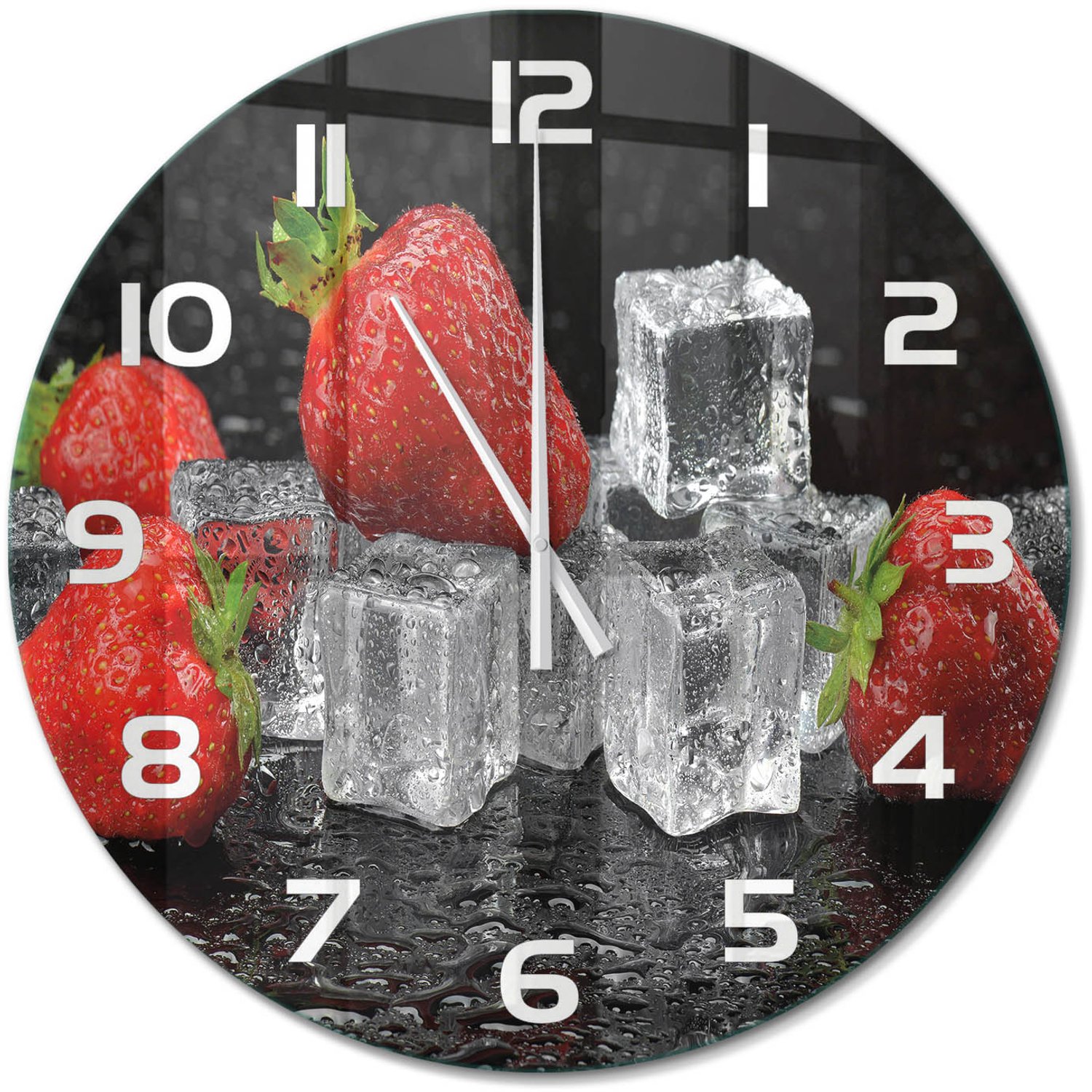 TULUP Wandklok - Aardbeien met ijs Gekleurde Glazen Klok - fi60 cm - Rood Glazen Klok Met Print - Witte handen - Ronde Klok - Moderne Wandklok Glas - Wandklok Glas Decoratie