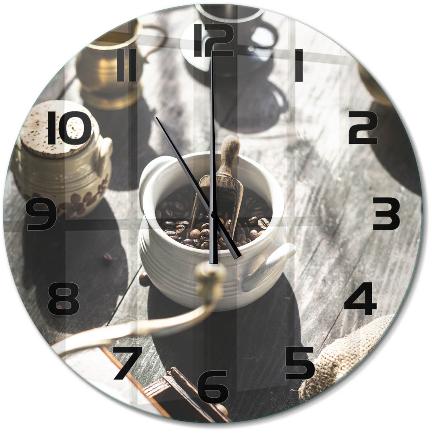 TULUP Wandklok - Koffiemolen Glazen Wandklok Design - fi60 cm - Bruin Klok Glas Met Opdruk - Zwarte handen - Ronde Klok - Wandklok Glas Met Motief - Decoratieve Glazen Klok