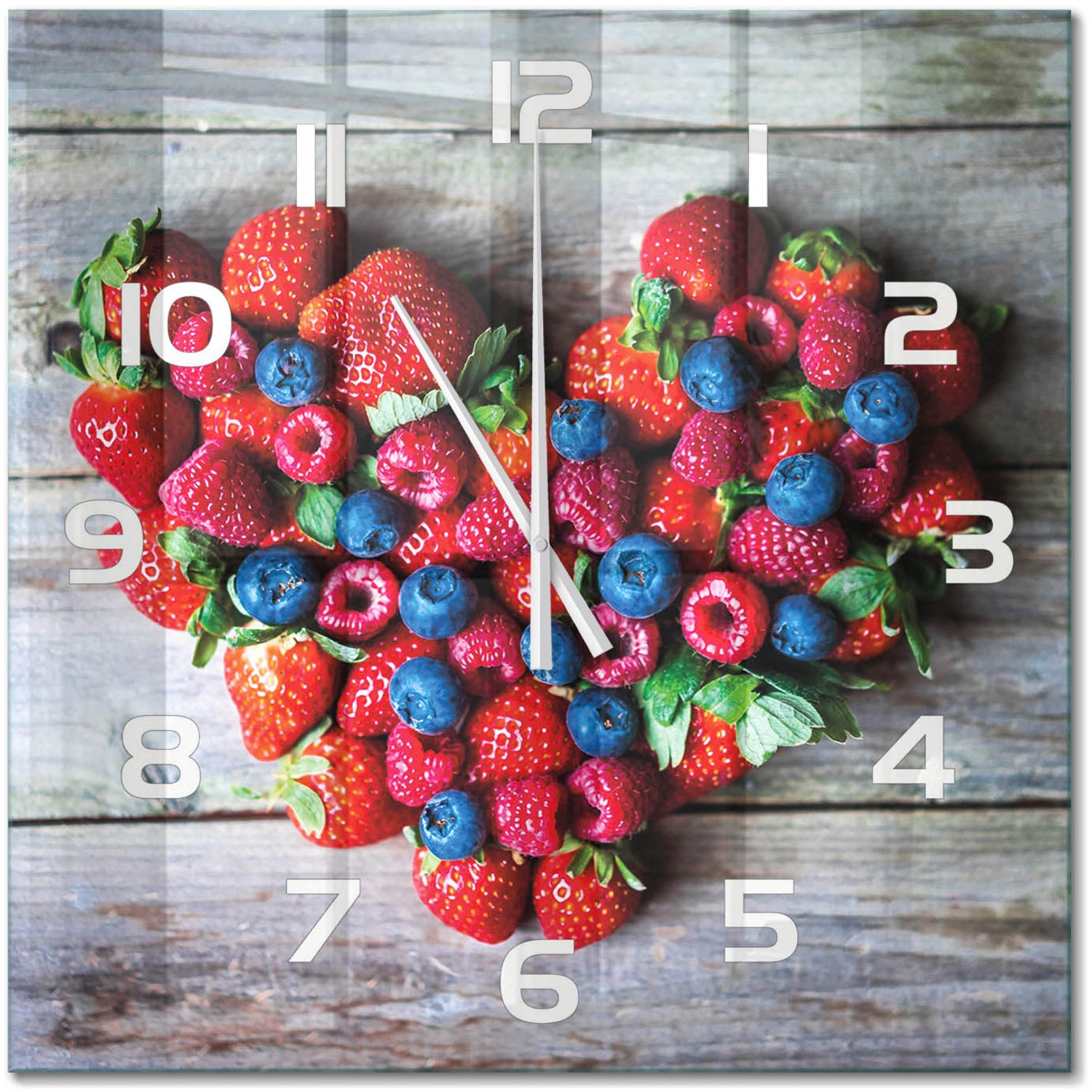 TULUP Wandklok - Hart van Fruit Wandklok Glas Decoratie - 60x60 cm - Rood Gekleurde Glazen Klok - Witte handen - Vierkante Klok - Klok Glas Met Opdruk - Moderne Wandklok Glas
