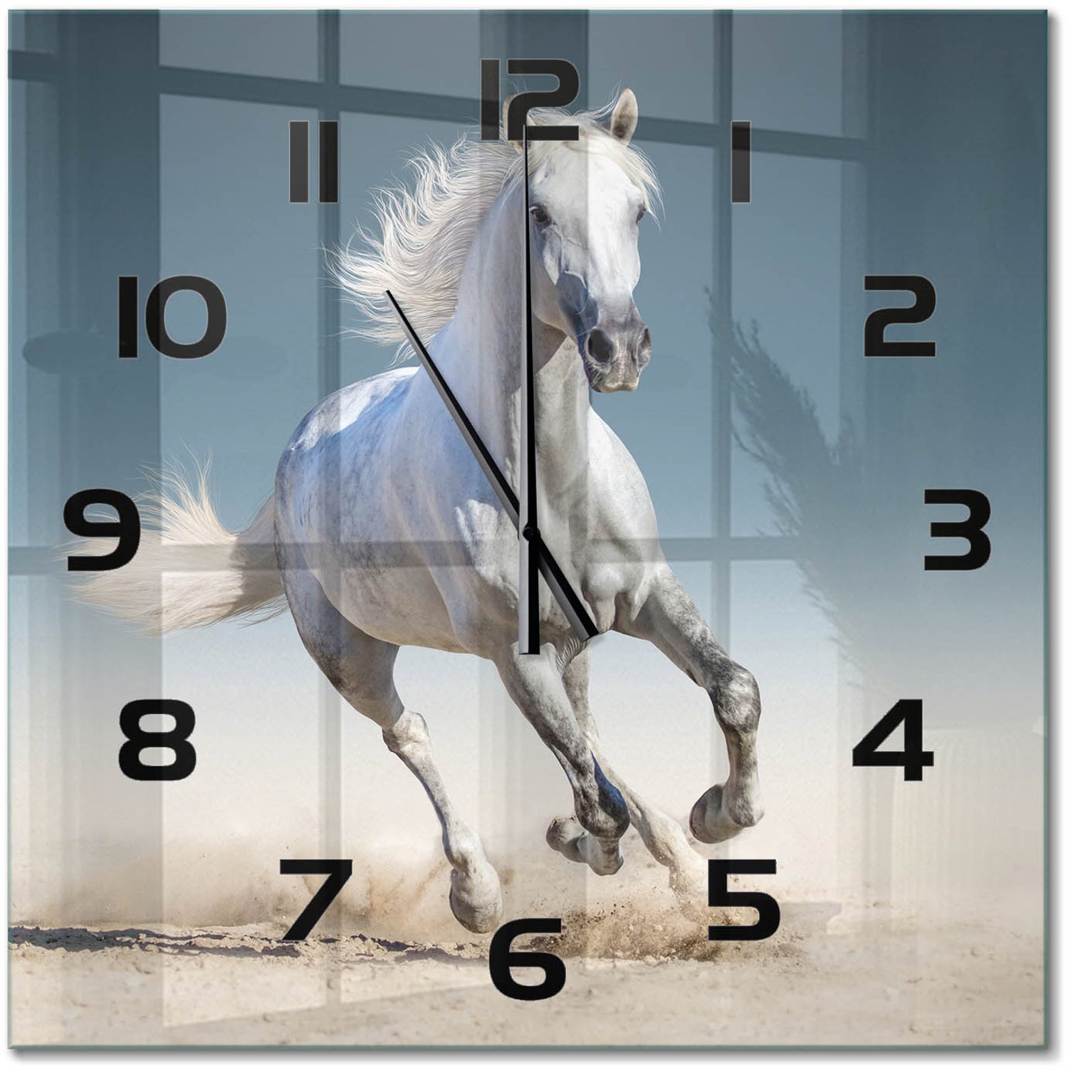 TULUP Wandklok - Galopperend grijs paard Glazen Wandklok Design - 60x60 cm - Wit Klok Glas Met Opdruk - Zwarte handen - Vierkante Klok - Wandklok Glas Met Motief - Decoratieve Glazen Klok
