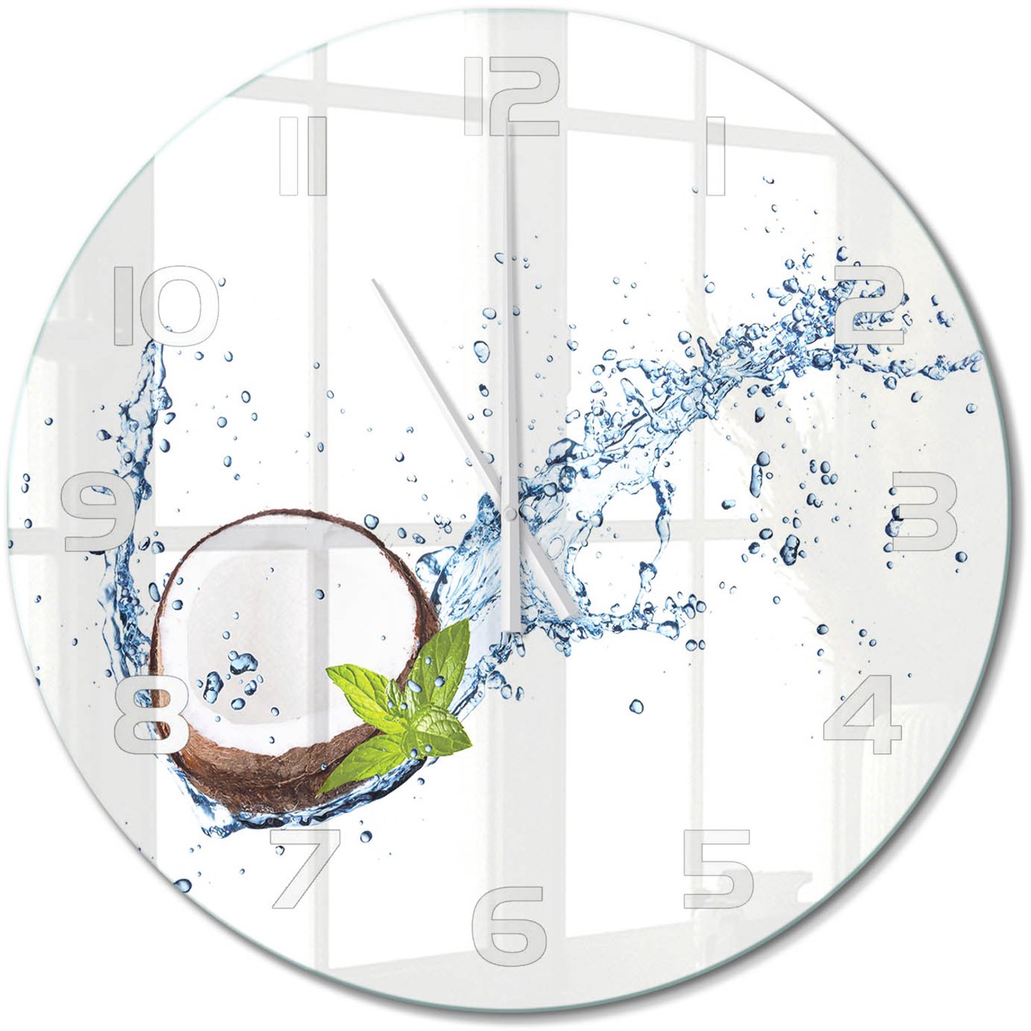 TULUP Wandklok - Kokosnoot en water Moderne Wandklok Glas - fi60 cm - Bruin Wandklok Glas Decoratie - Witte handen - Ronde Klok - Glazen Wandklok Design - Klok Glas Met Opdruk