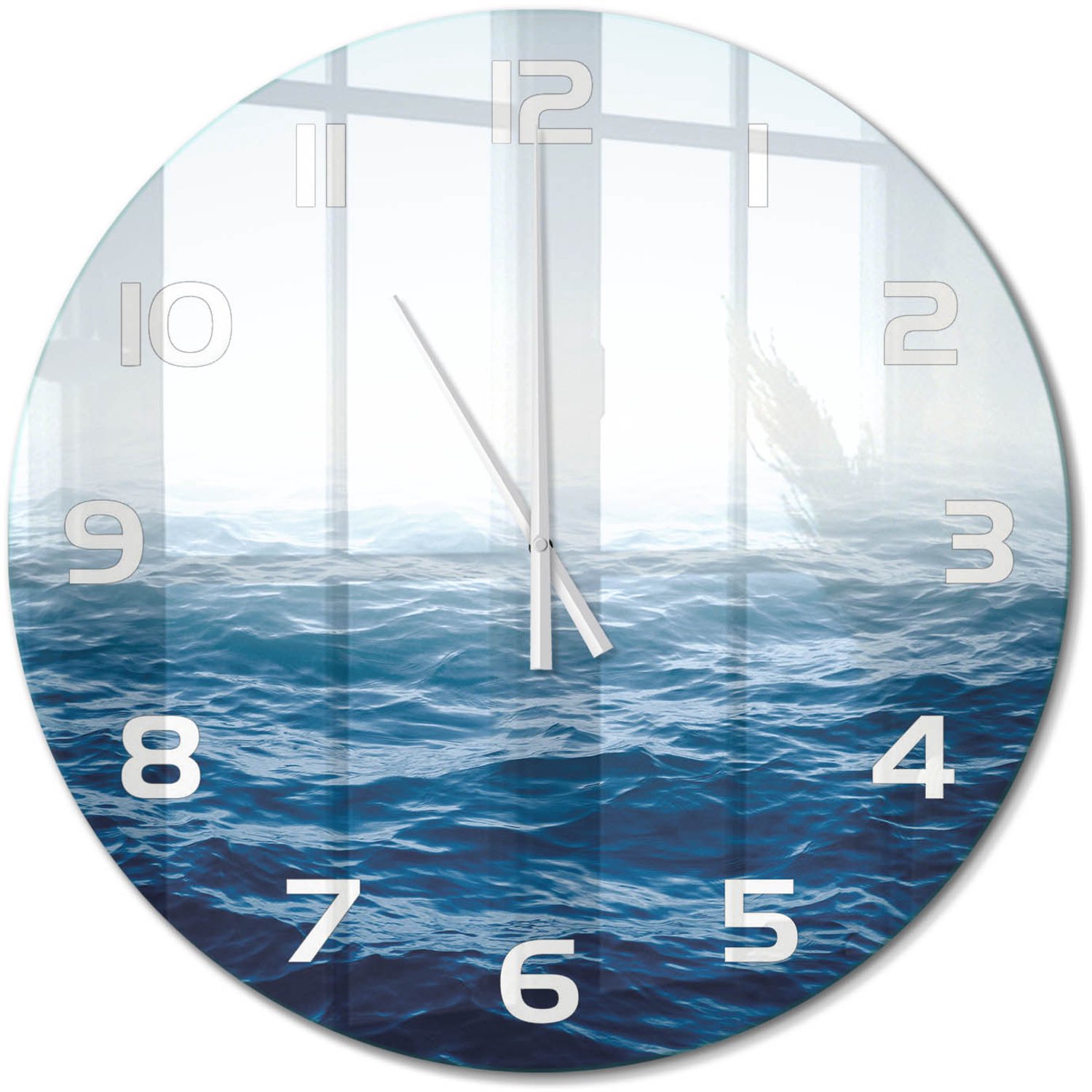 TULUP Wandklok - Oceaangolven Glazen Wandklok Design - fi60 cm - Blauw Klok Glas Met Opdruk - Witte handen - Ronde Klok - Wandklok Glas Met Motief - Decoratieve Glazen Klok