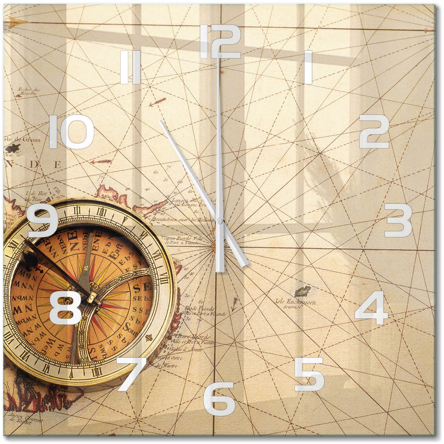 TULUP Wandklok - Kompas op de kaart Glazen Klok Met Print - 60x60 cm - Beige Wandklok Glas Met Motief - Witte handen - Vierkante Klok - Wandklok Glas Decoratie - Gekleurde Glazen Klok