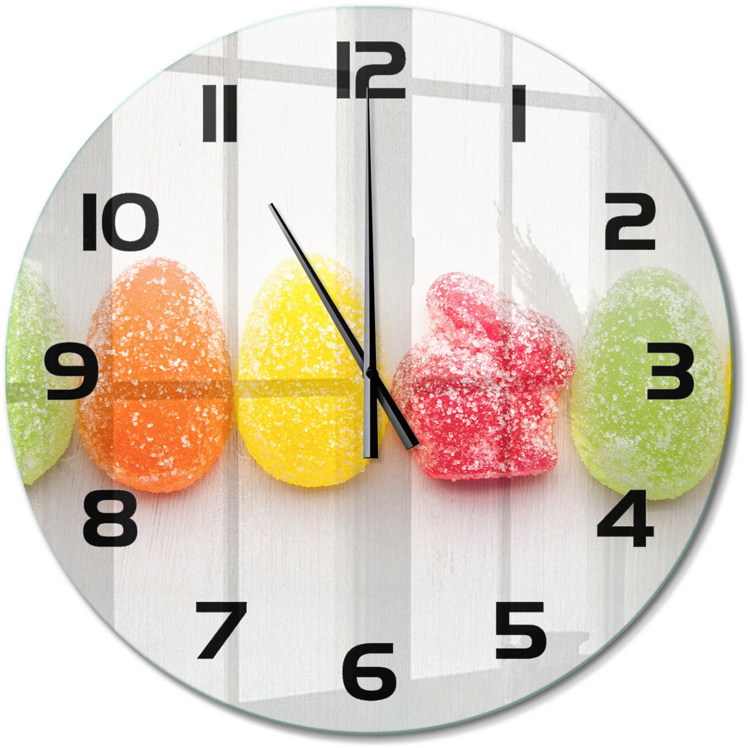TULUP Wandklok - Kleurrijke Jelly Beans Wandklok Glas Decoratie - fi60 cm - Veelkleurig Gekleurde Glazen Klok - Zwarte handen - Ronde Klok - Klok Glas Met Opdruk - Moderne Wandklok Glas