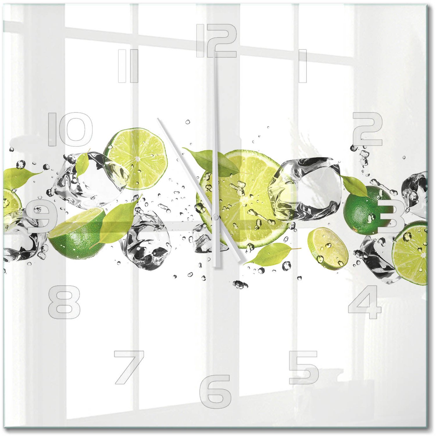 TULUP Wandklok - Kalk en water Gekleurde Glazen Klok - 60x60 cm - Groente Glazen Klok Met Print - Witte handen - Vierkante Klok - Moderne Wandklok Glas - Wandklok Glas Decoratie