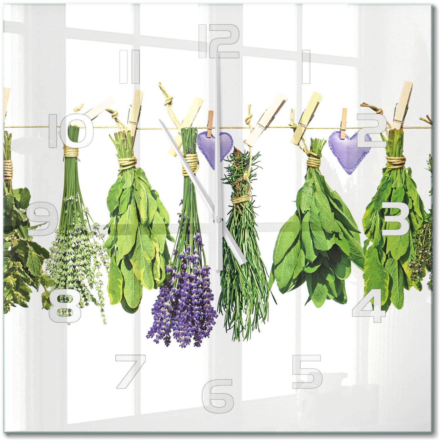 TULUP Wandklok - Kruiden aan een touwtje Wandklok Glas Decoratie - 60x60 cm - Groente Gekleurde Glazen Klok - Witte handen - Vierkante Klok - Klok Glas Met Opdruk - Moderne Wandklok Glas