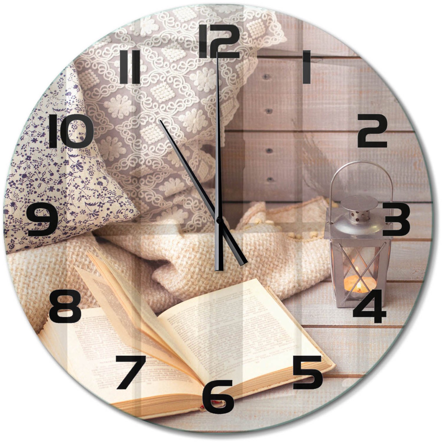 TULUP Wandklok - Ontspan met een boek. Moderne Wandklok Glas - fi60 cm - Beige Wandklok Glas Decoratie - Zwarte handen - Ronde Klok - Glazen Wandklok Design - Klok Glas Met Opdruk