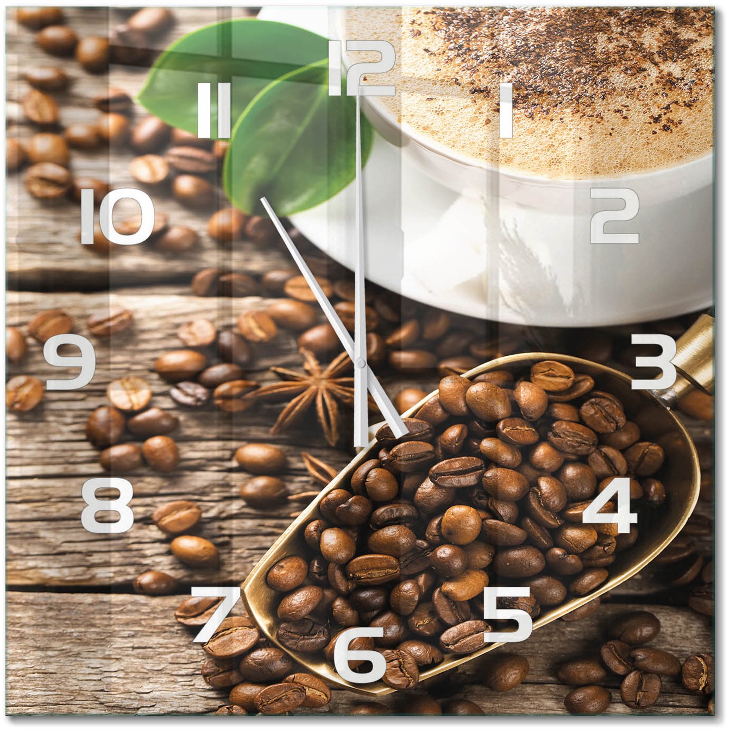 TULUP Wandklok - Koffie Glazen Klok Met Print - 60x60 cm - Bruin Wandklok Glas Met Motief - Witte handen - Vierkante Klok - Wandklok Glas Decoratie - Gekleurde Glazen Klok