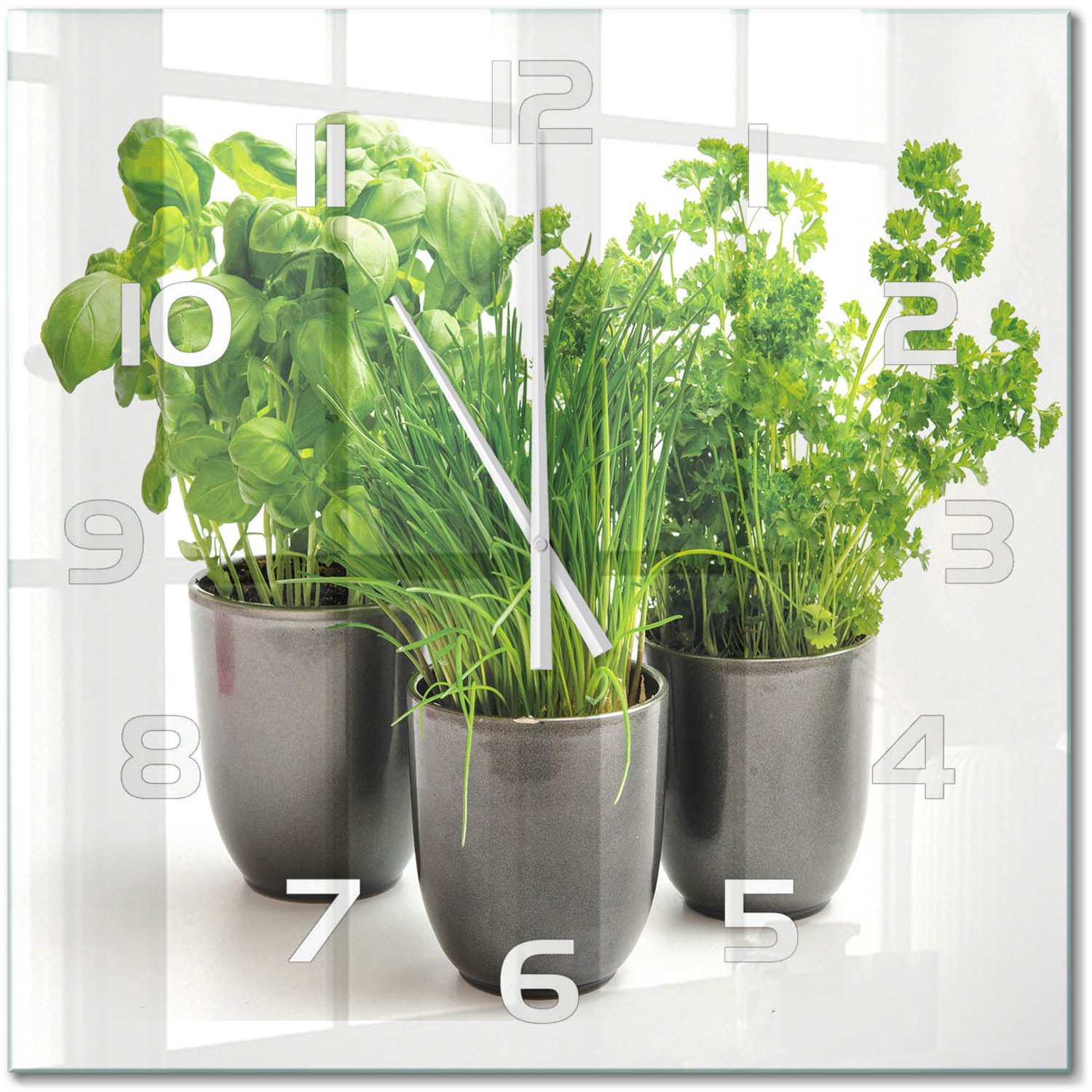 TULUP Wandklok - Kruiden in potten Klok Glas Met Opdruk - 60x60 cm - Groente Moderne Wandklok Glas - Witte handen - Vierkante Klok - Decoratieve Glazen Klok - Glazen Wandklok Design