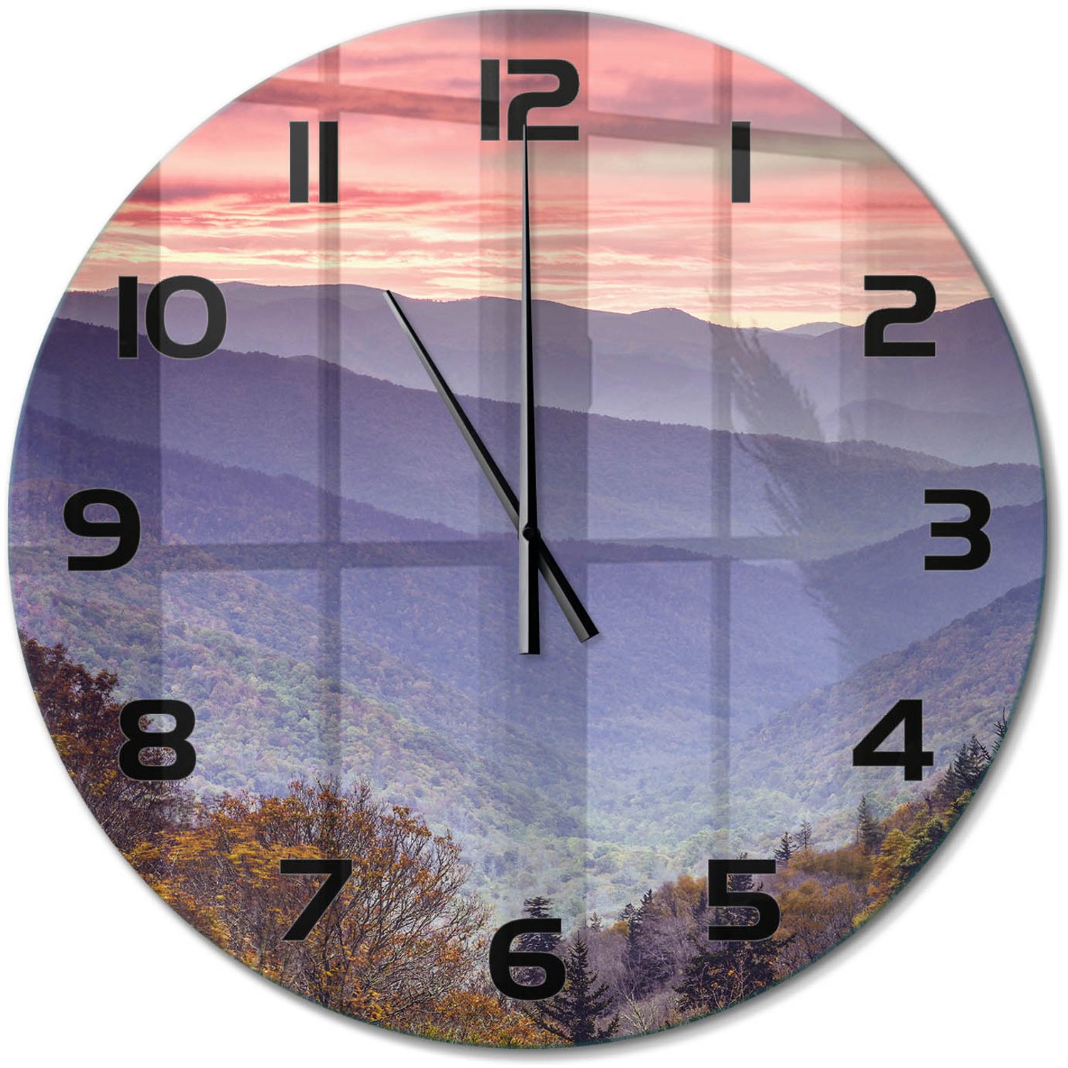 TULUP Wandklok - Bergen bij zonsondergang Wandklok Glas Met Motief - fi60 cm - Oranje Decoratieve Glazen Klok - Zwarte handen - Ronde Klok - Gekleurde Glazen Klok - Glazen Klok Met Print