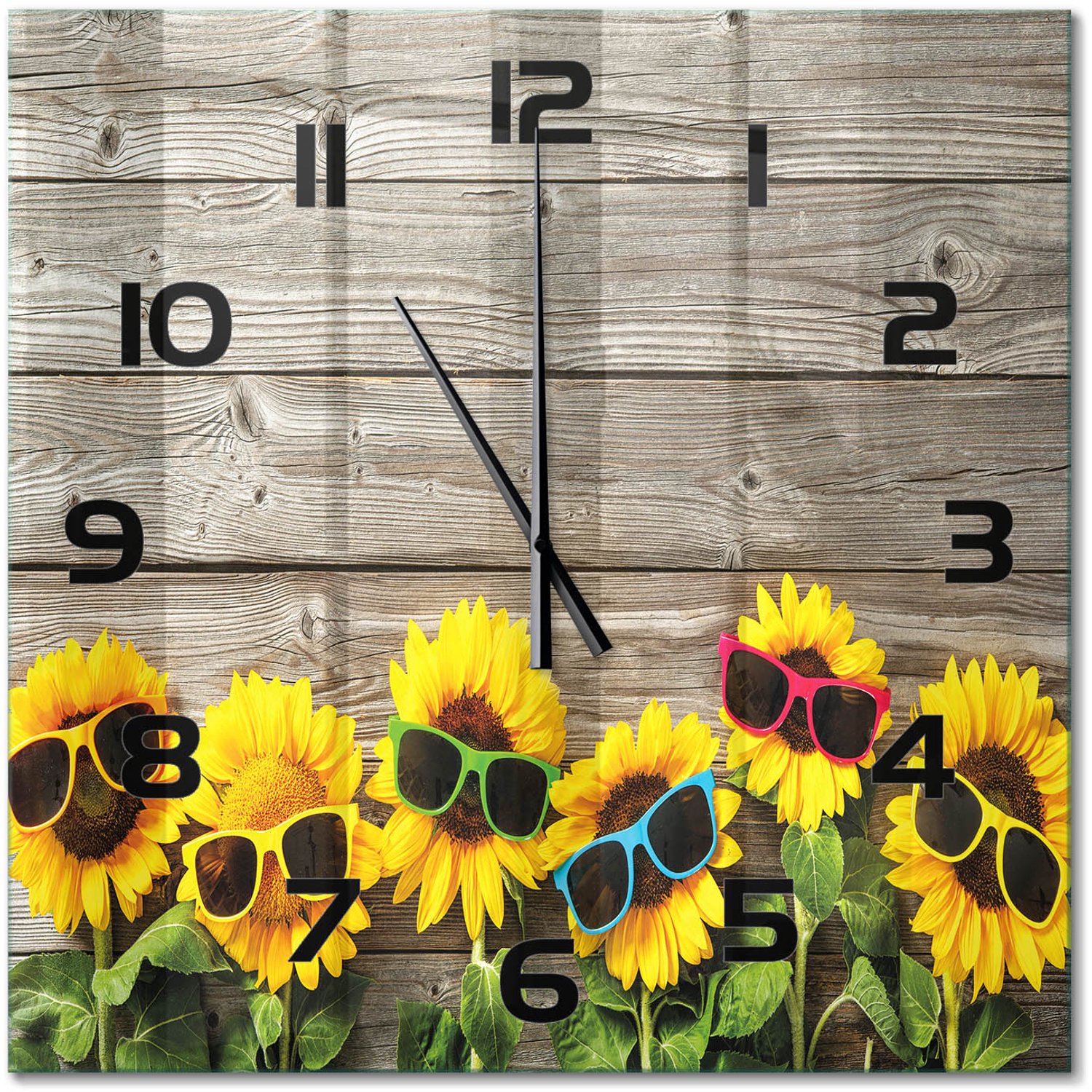 TULUP Wandklok - Zonnebloemen Wandklok Glas Decoratie - 60x60 cm - Geel Gekleurde Glazen Klok - Zwarte handen - Vierkante Klok - Klok Glas Met Opdruk - Moderne Wandklok Glas