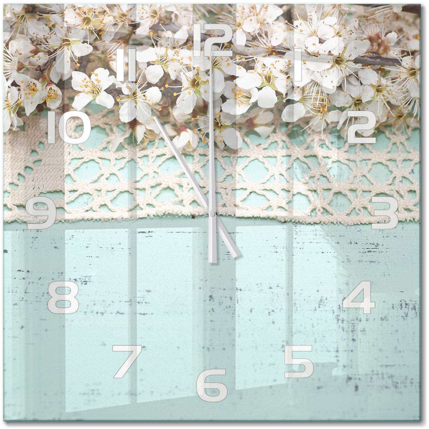TULUP Wandklok - Kersenbloesem Decoratieve Glazen Klok - 60x60 cm - Beige Glazen Wandklok Design - Witte handen - Vierkante Klok - Glazen Klok Met Print - Wandklok Glas Met Motief