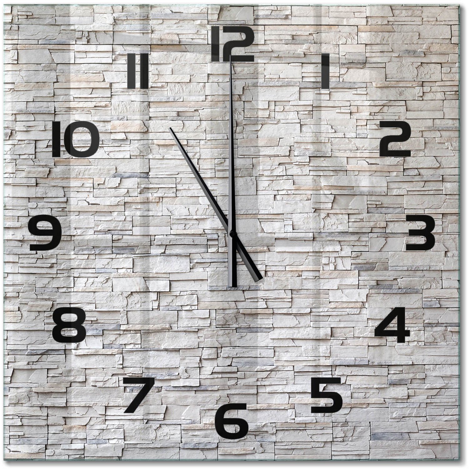 TULUP Wandklok - Stenen muur Moderne Wandklok Glas - 60x60 cm - Beige Wandklok Glas Decoratie - Zwarte handen - Vierkante Klok - Glazen Wandklok Design - Klok Glas Met Opdruk