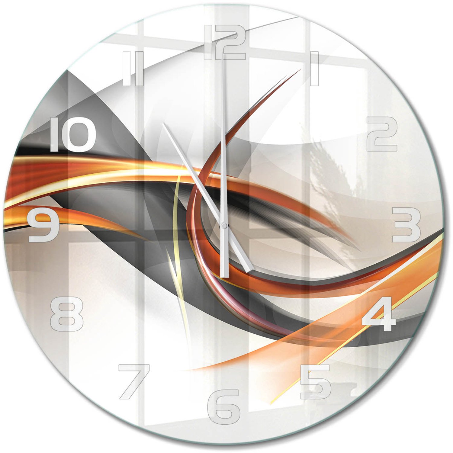 TULUP Wandklok - Golfabstractie Wandklok Glas Decoratie - fi60 cm - Oranje Gekleurde Glazen Klok - Witte handen - Ronde Klok - Klok Glas Met Opdruk - Moderne Wandklok Glas