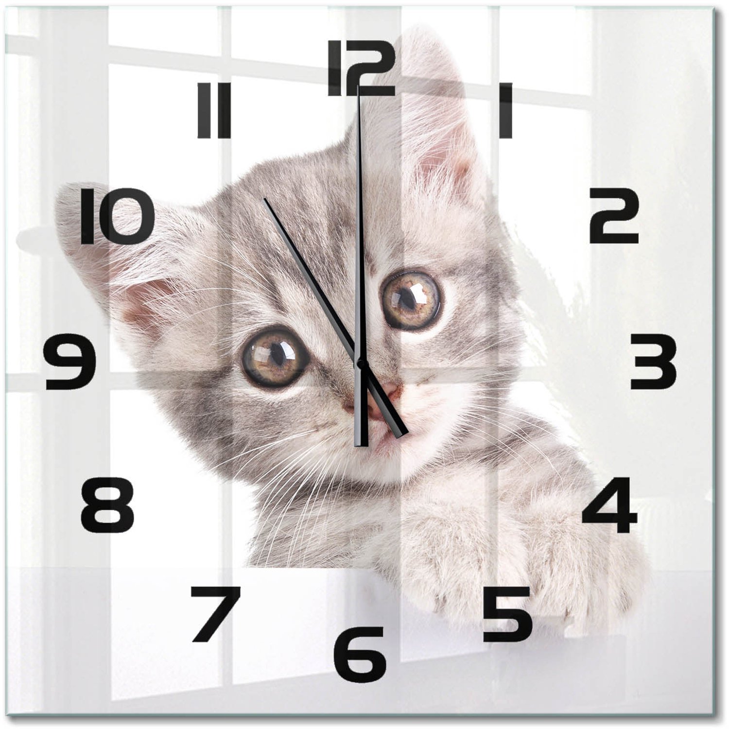 TULUP Wandklok - Grijze kat Glazen Klok Met Print - 60x60 cm - Grijs Wandklok Glas Met Motief - Zwarte handen - Vierkante Klok - Wandklok Glas Decoratie - Gekleurde Glazen Klok